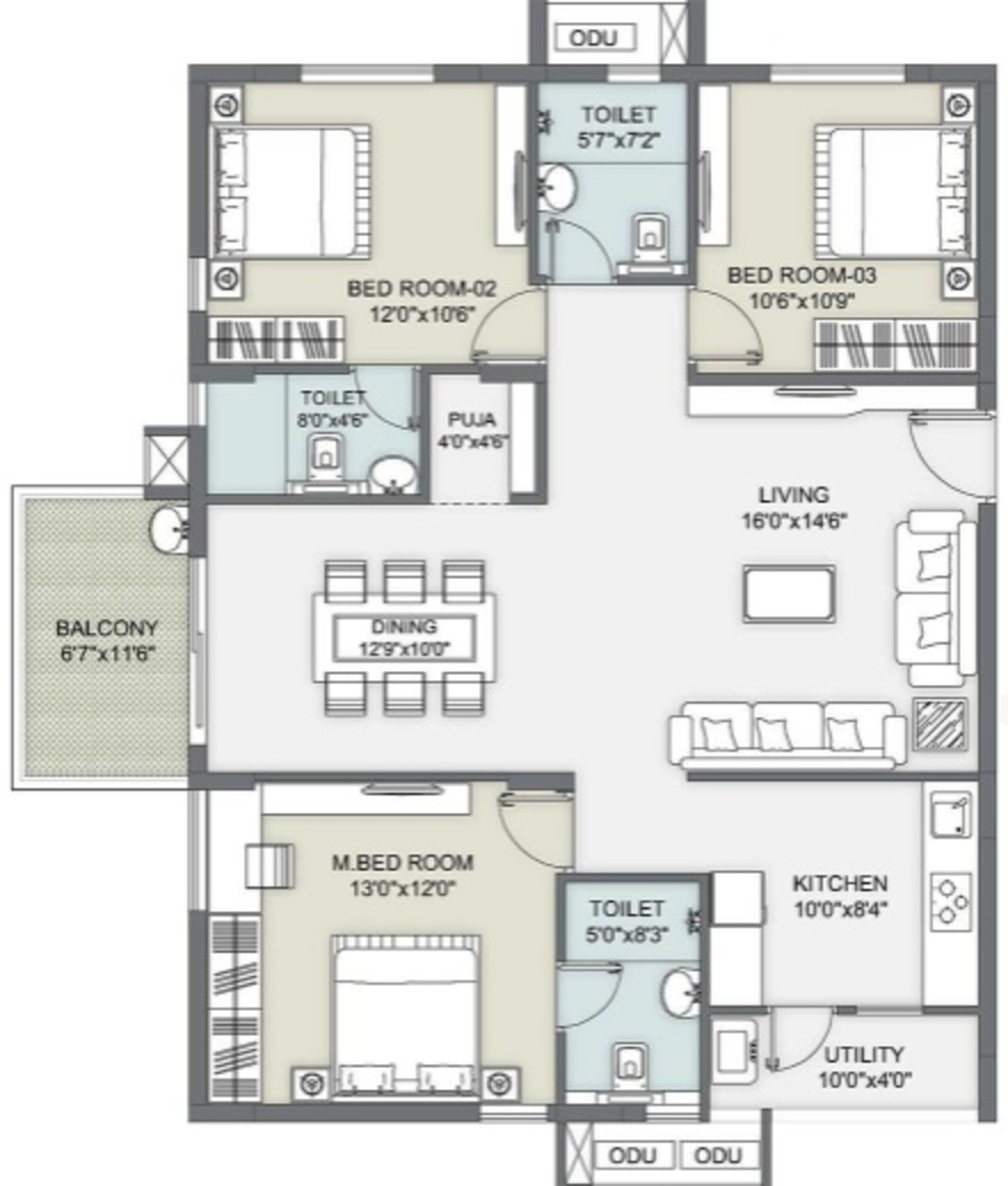 3BHK floor plan