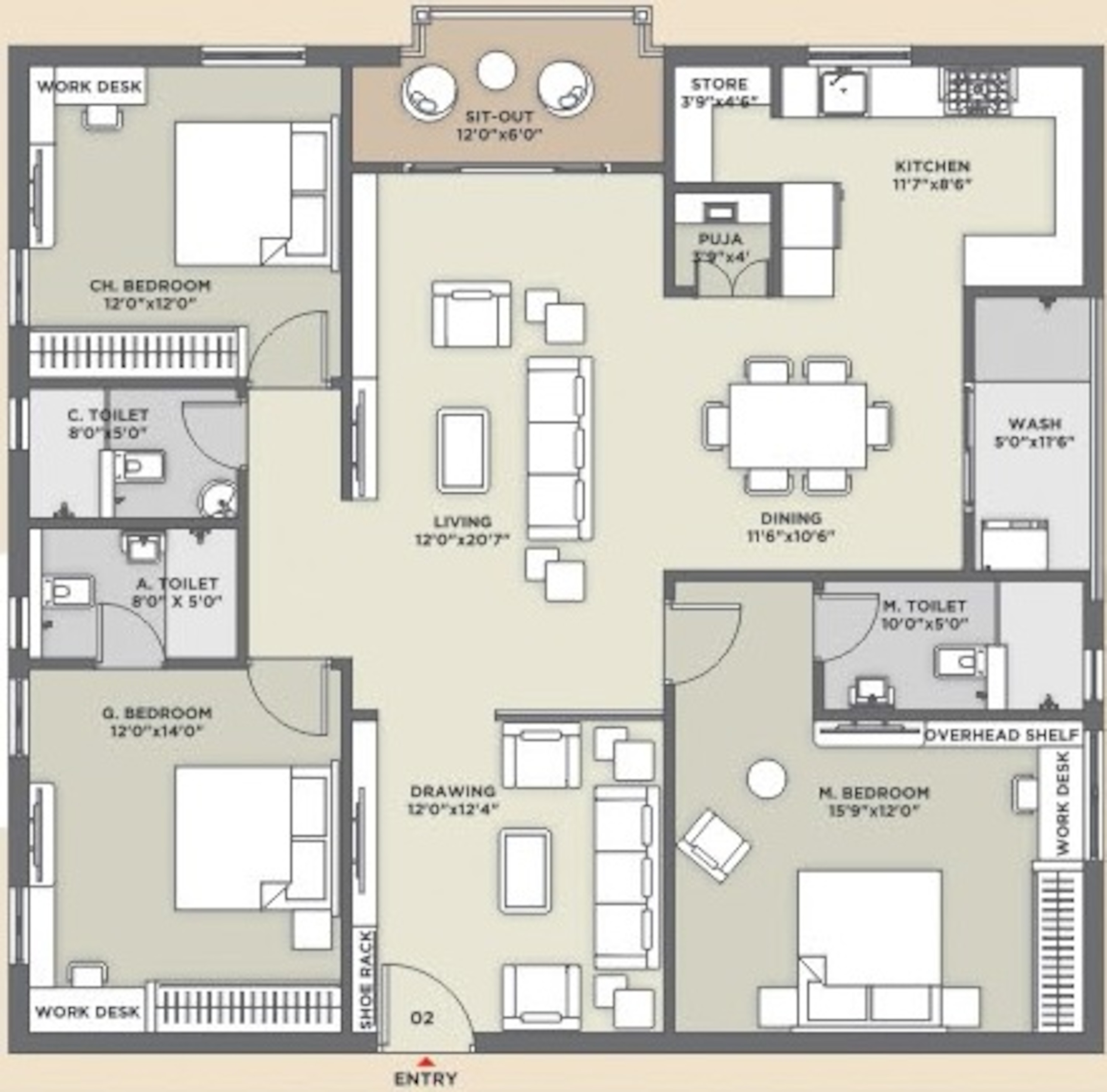 3BHK floor plan