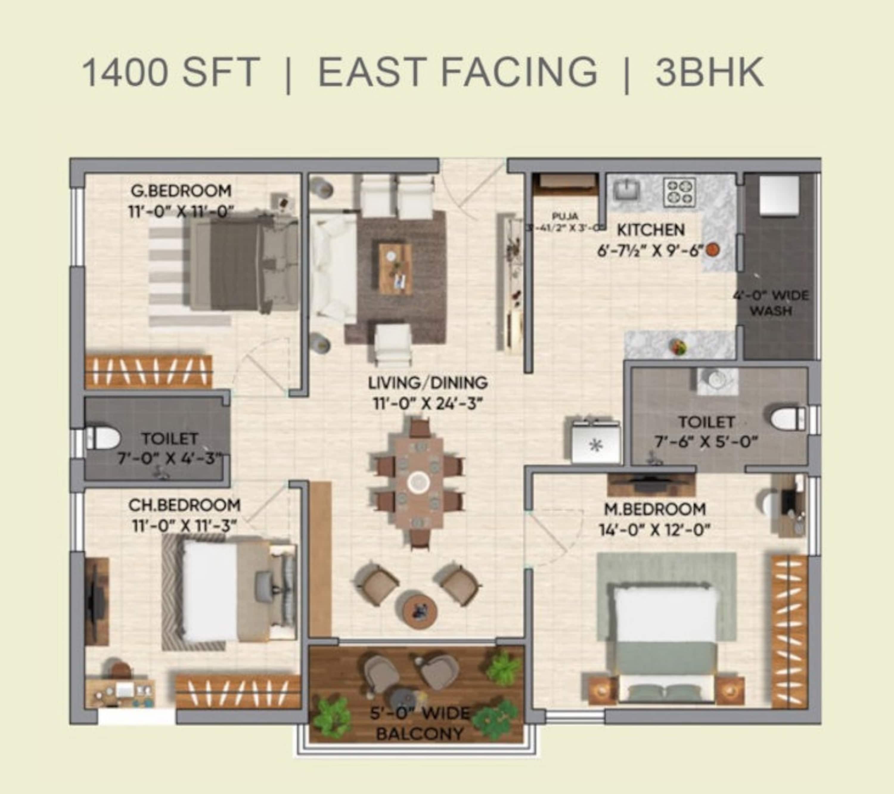 3BHK floor plan