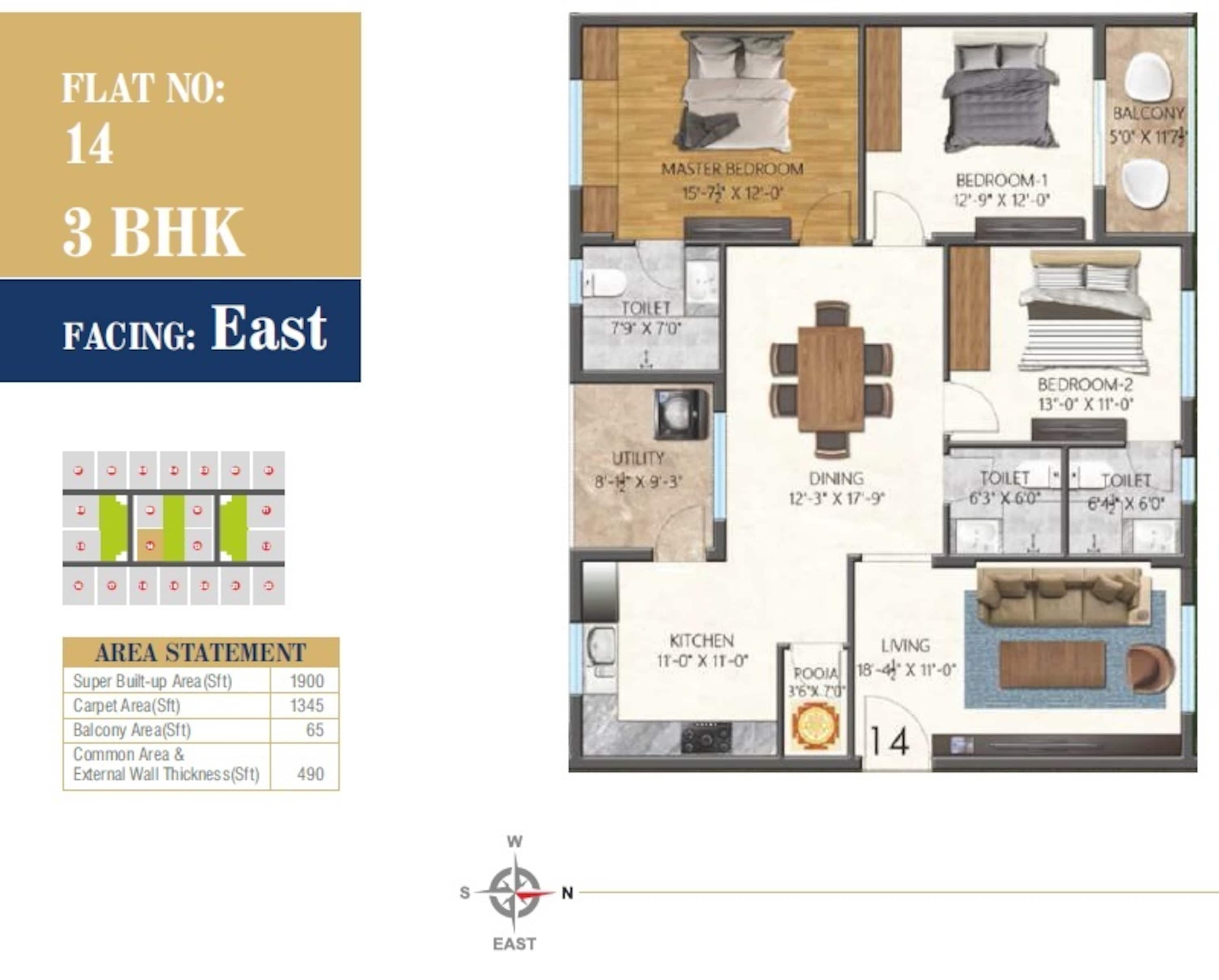 3BHK floor plan