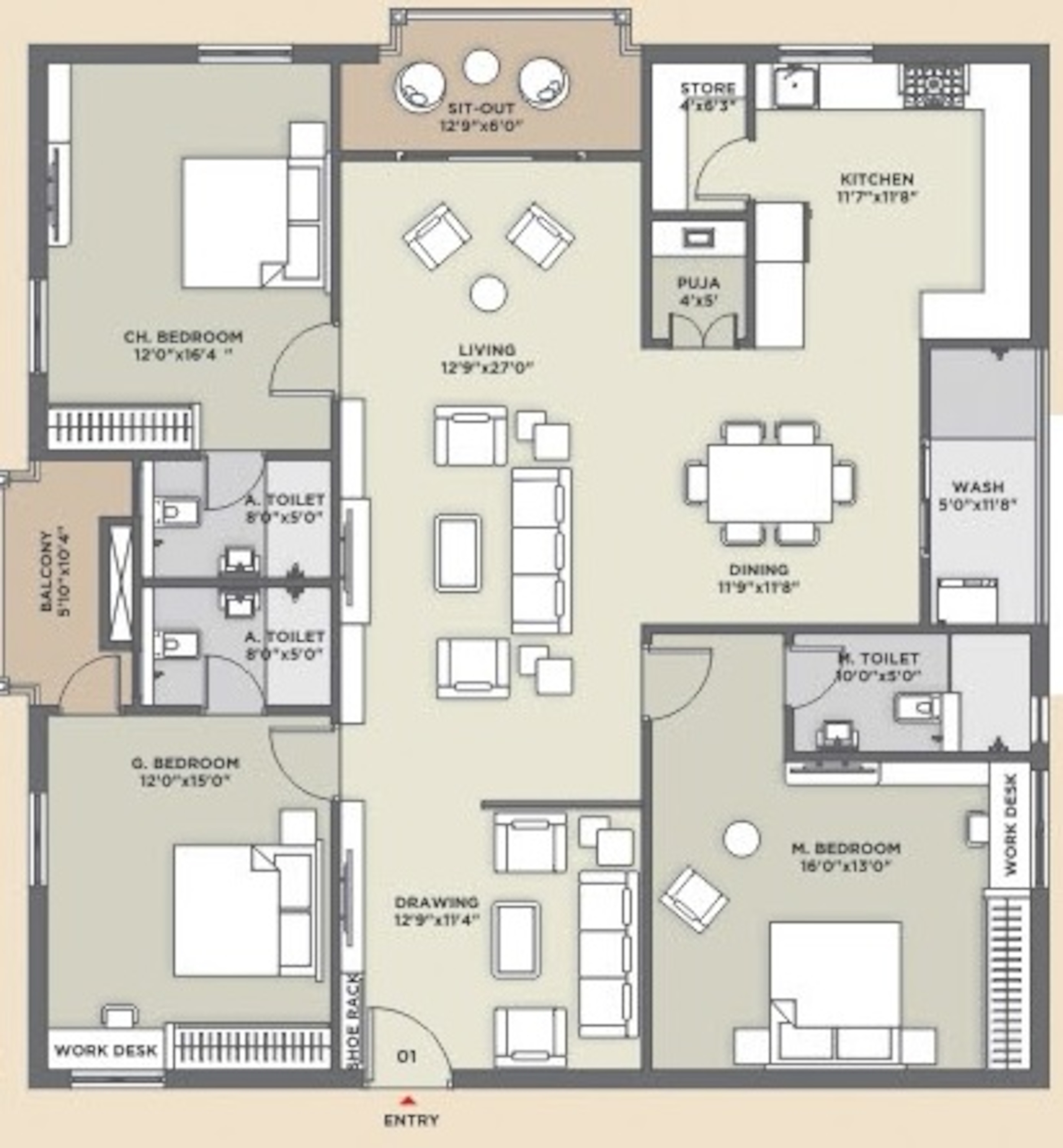 3BHK floor plan