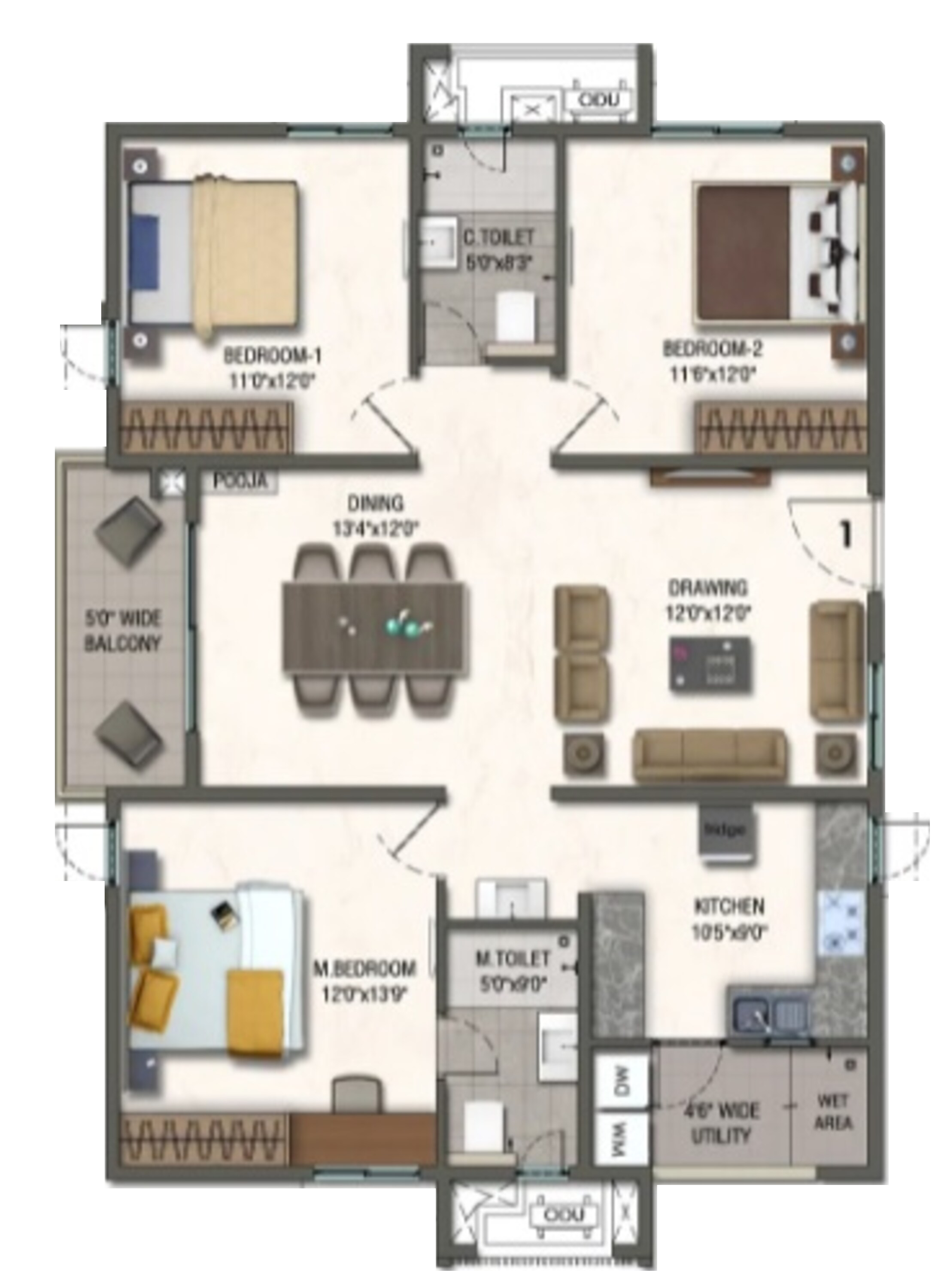 3BHK floor plan
