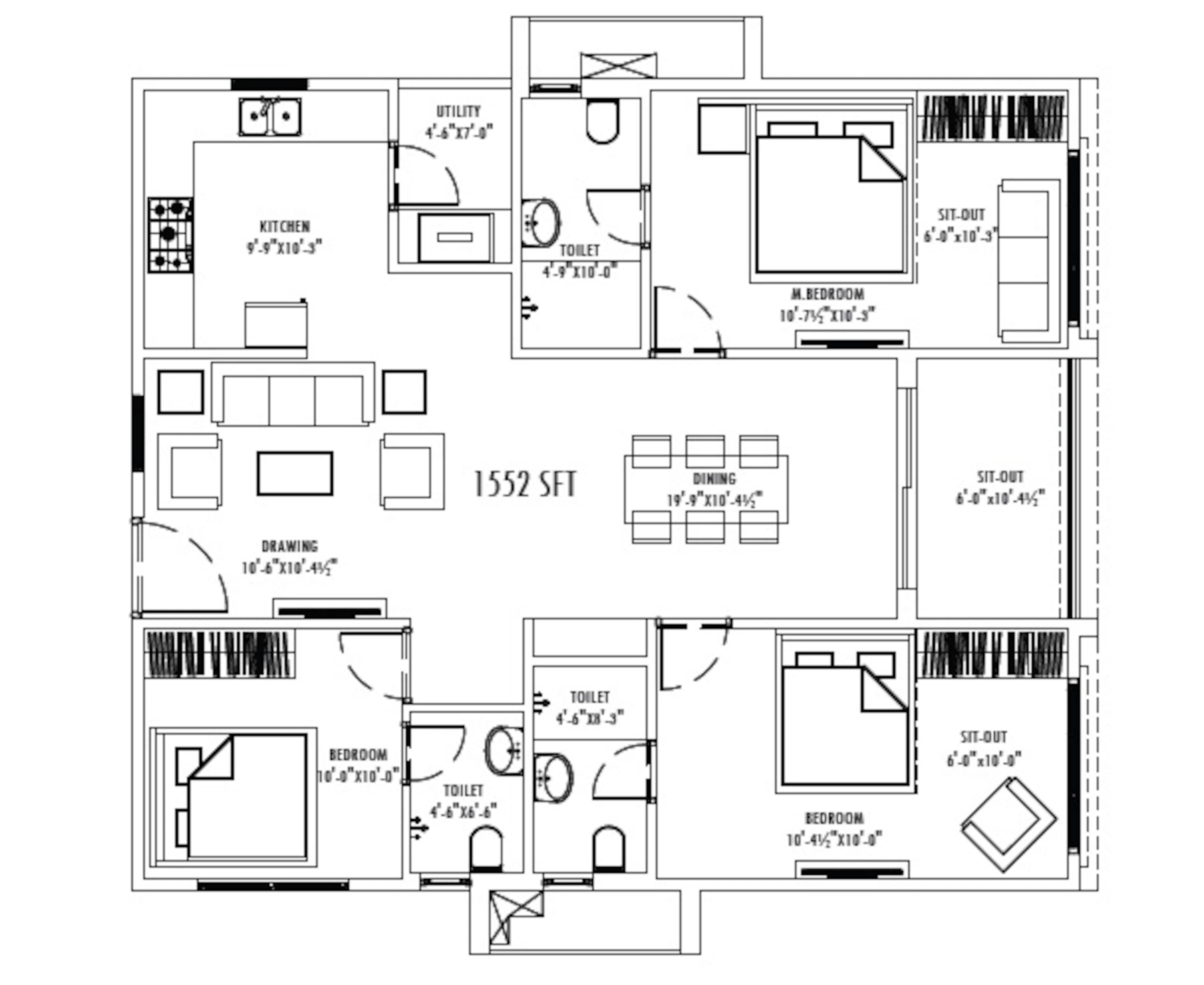 3BHK floor plan
