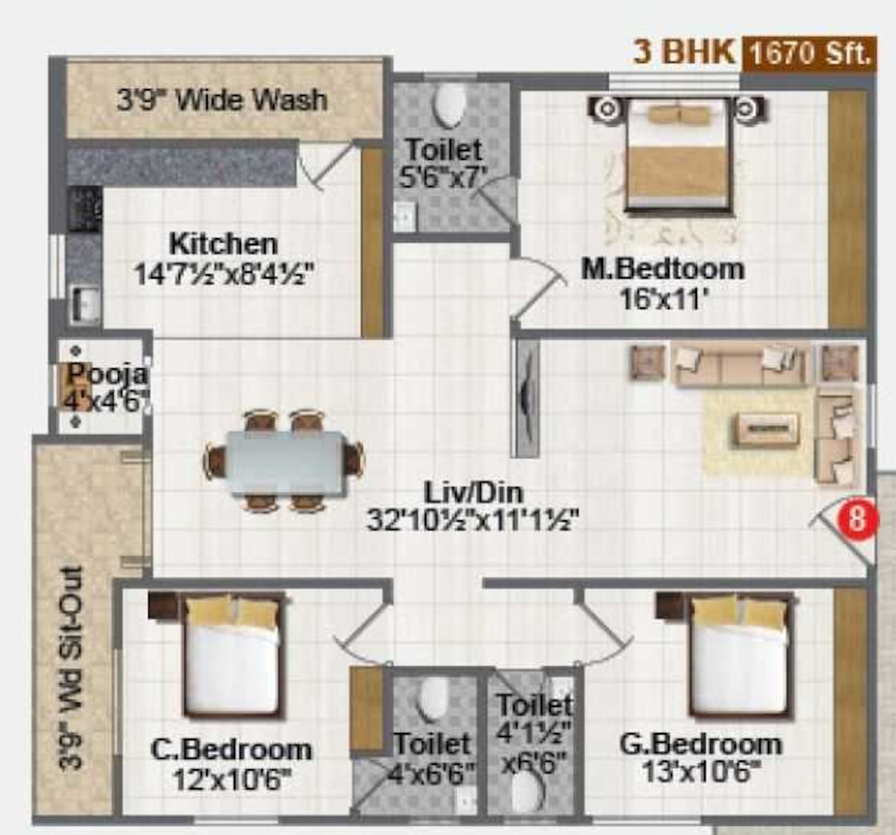 3BHK floor plan