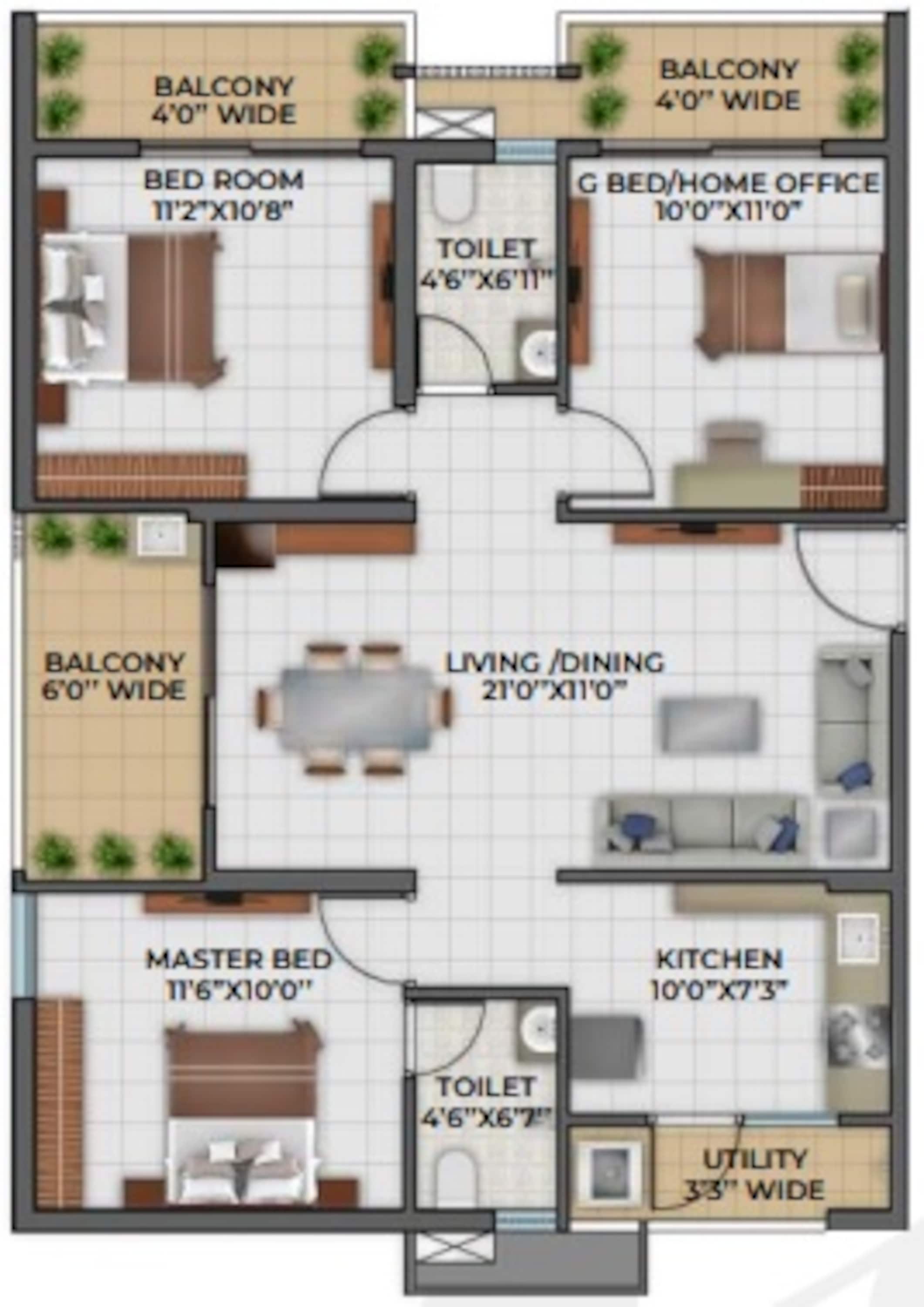 3BHK floor plan