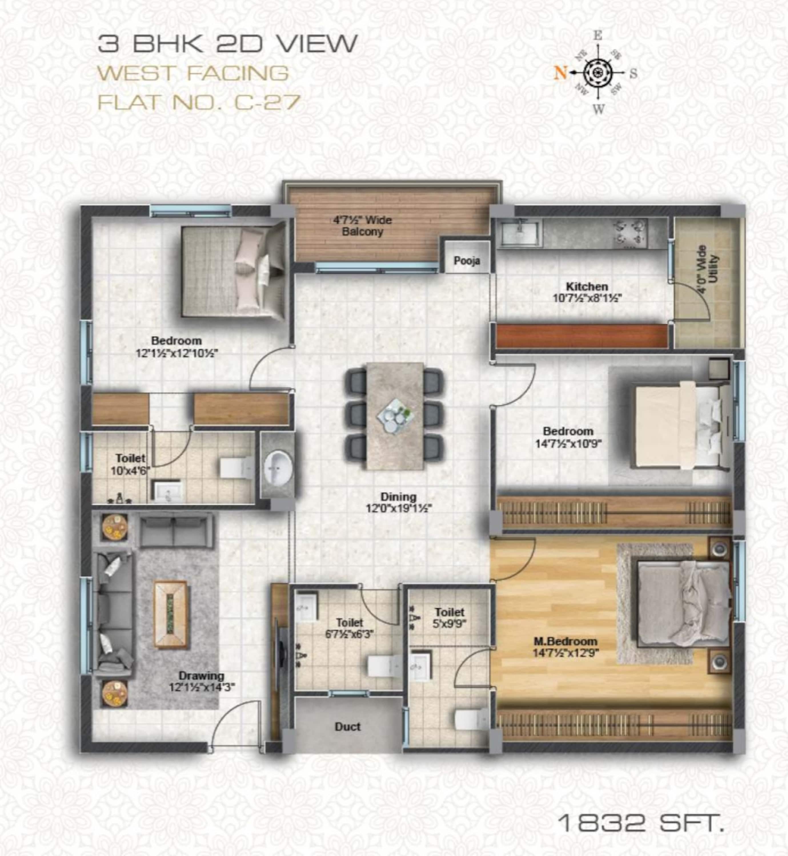 3BHK floor plan