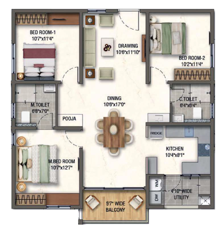 3BHK floor plan