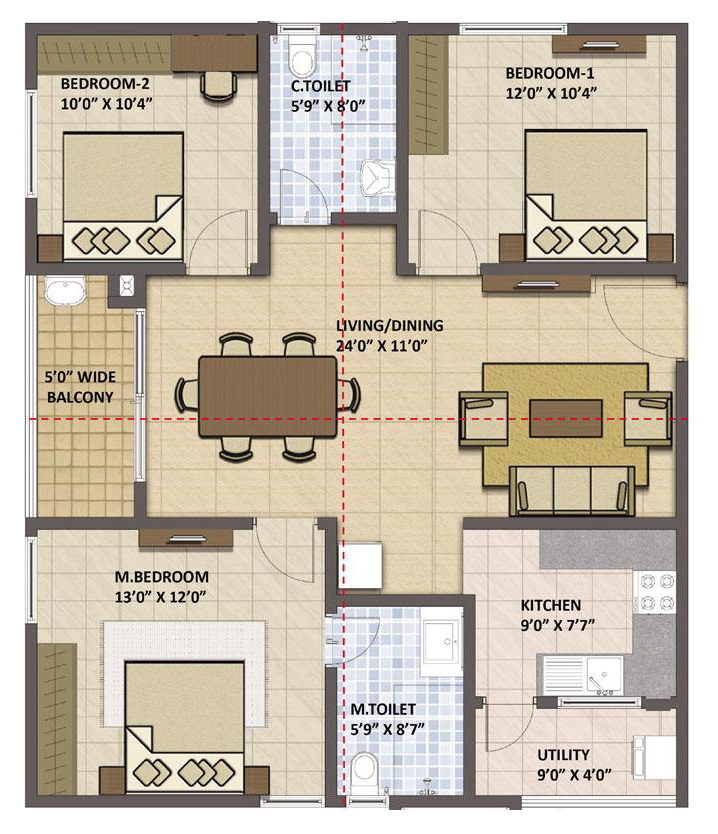 3BHK floor plan