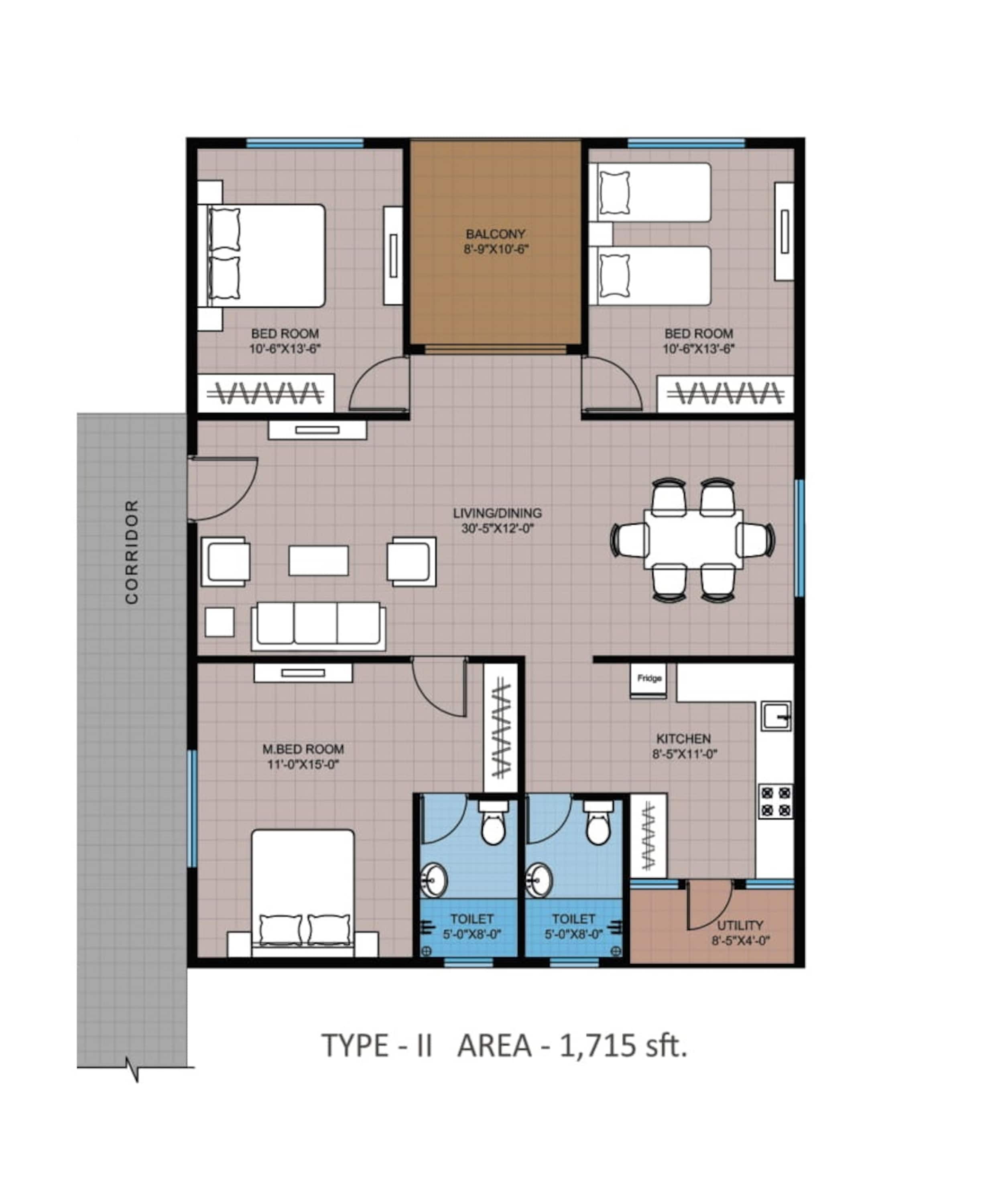 3BHK floor plan