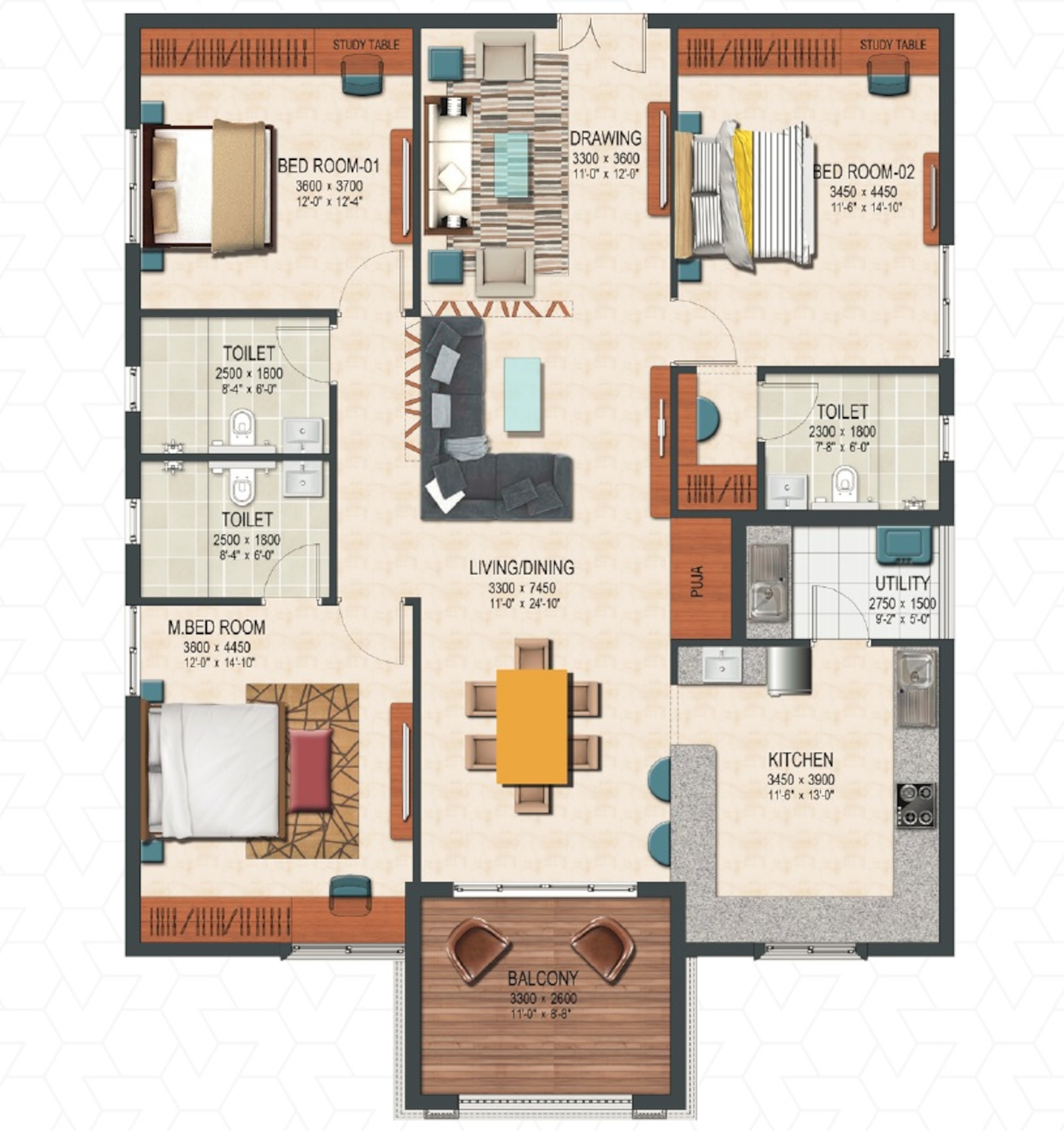 3BHK floor plan