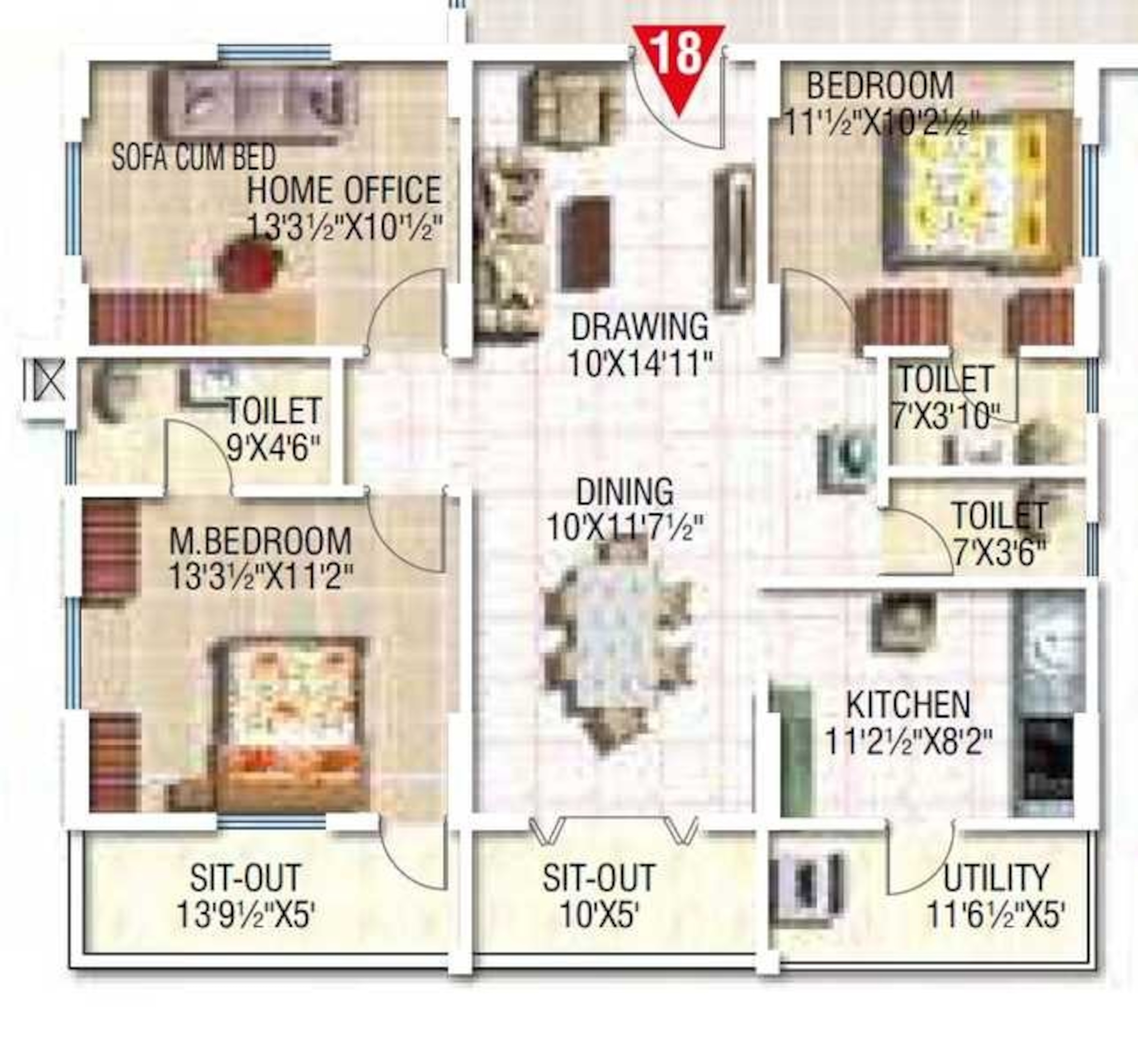 3BHK floor plan