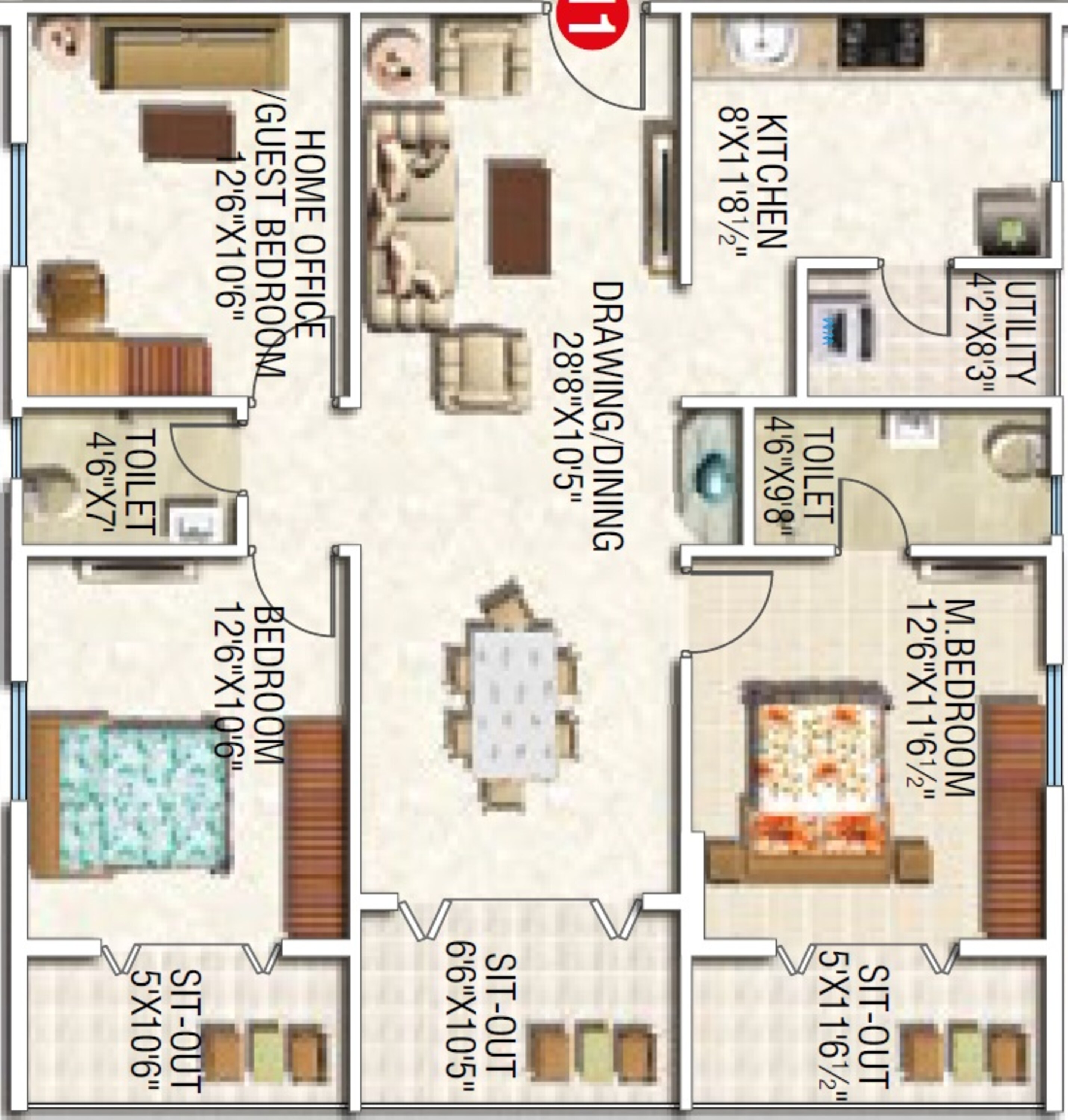 3BHK floor plan