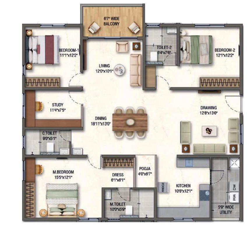 3BHK floor plan