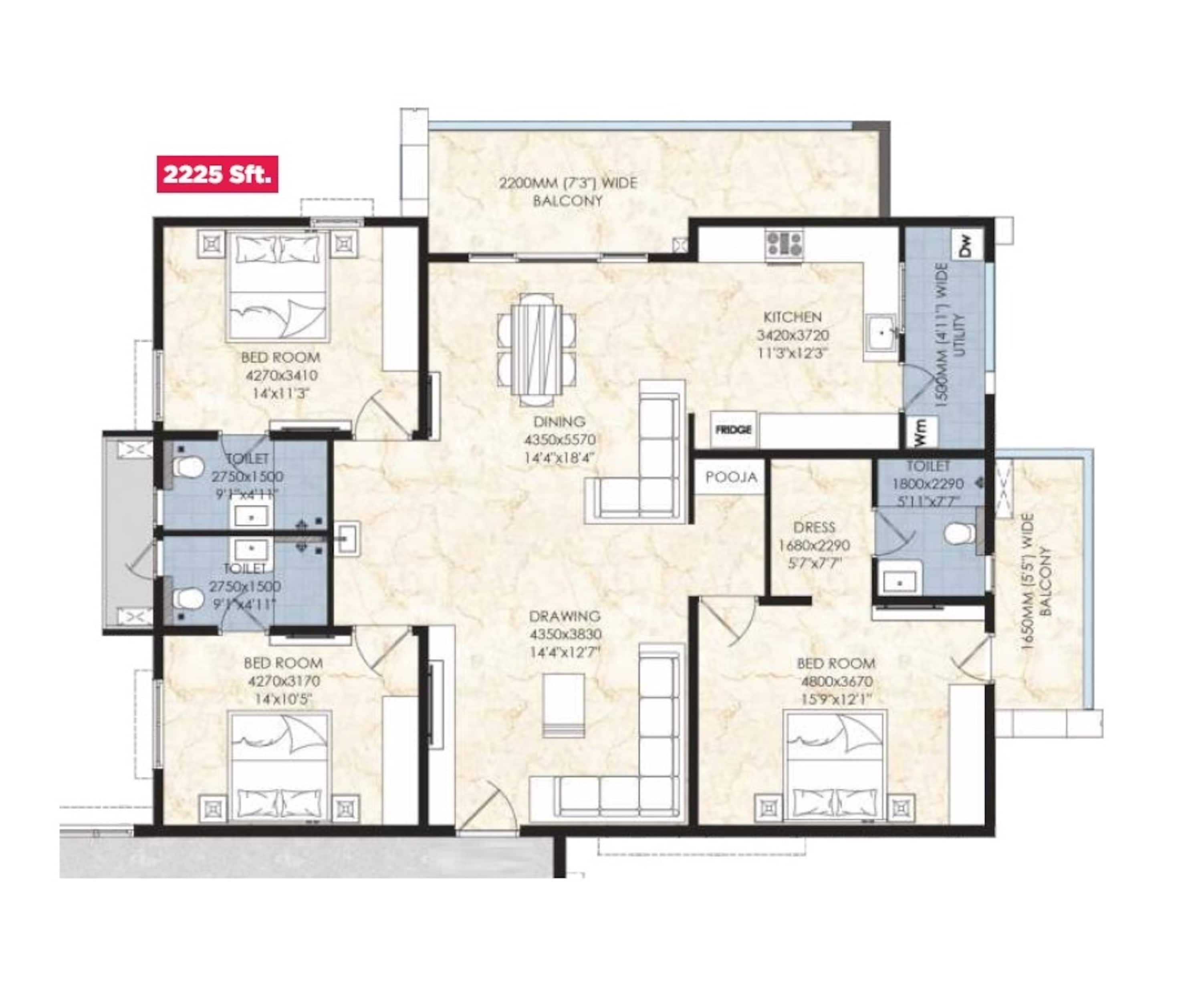 3BHK floor plan