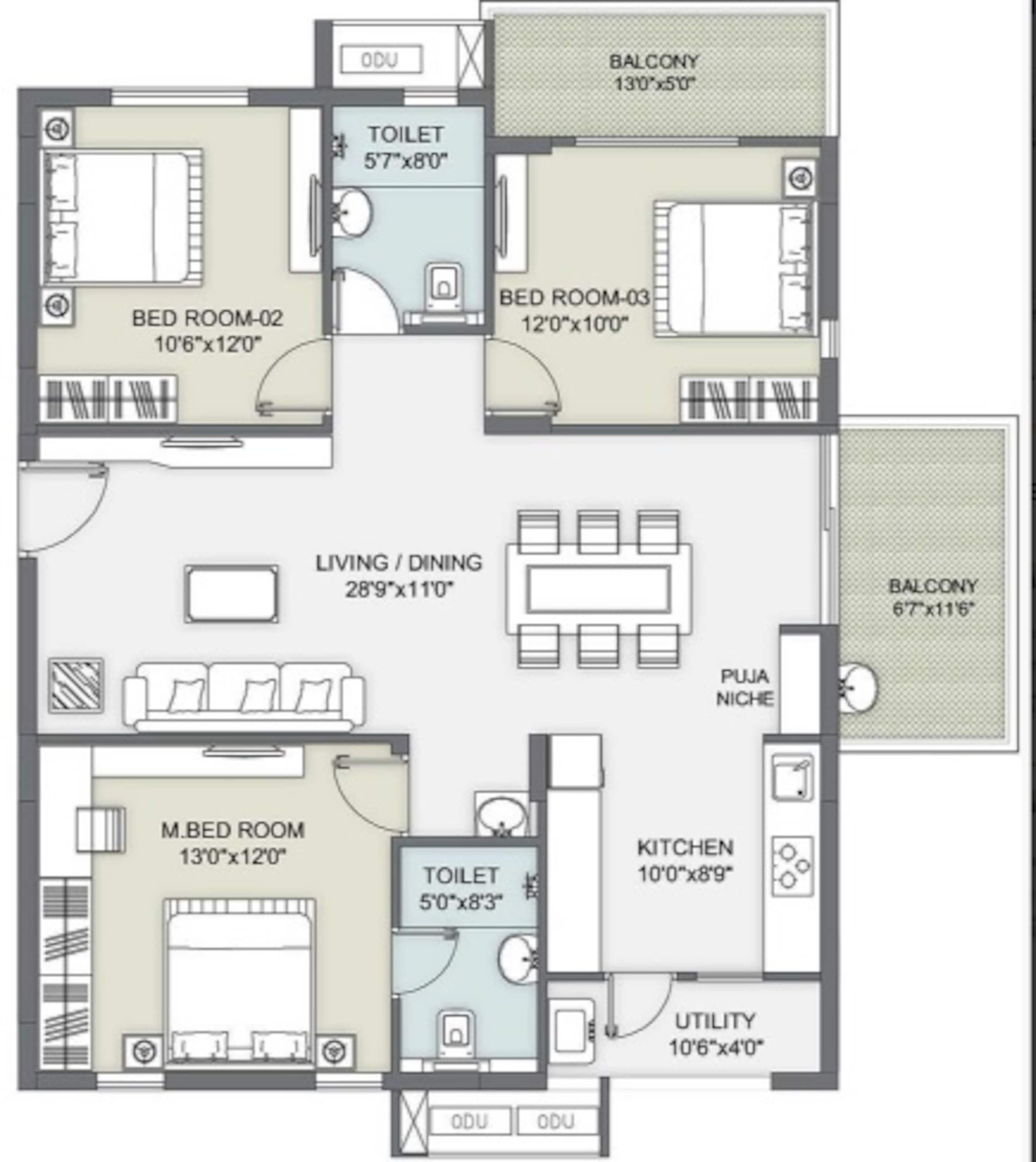 3BHK floor plan