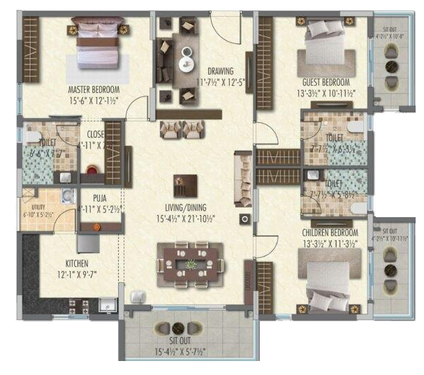3BHK floor plan