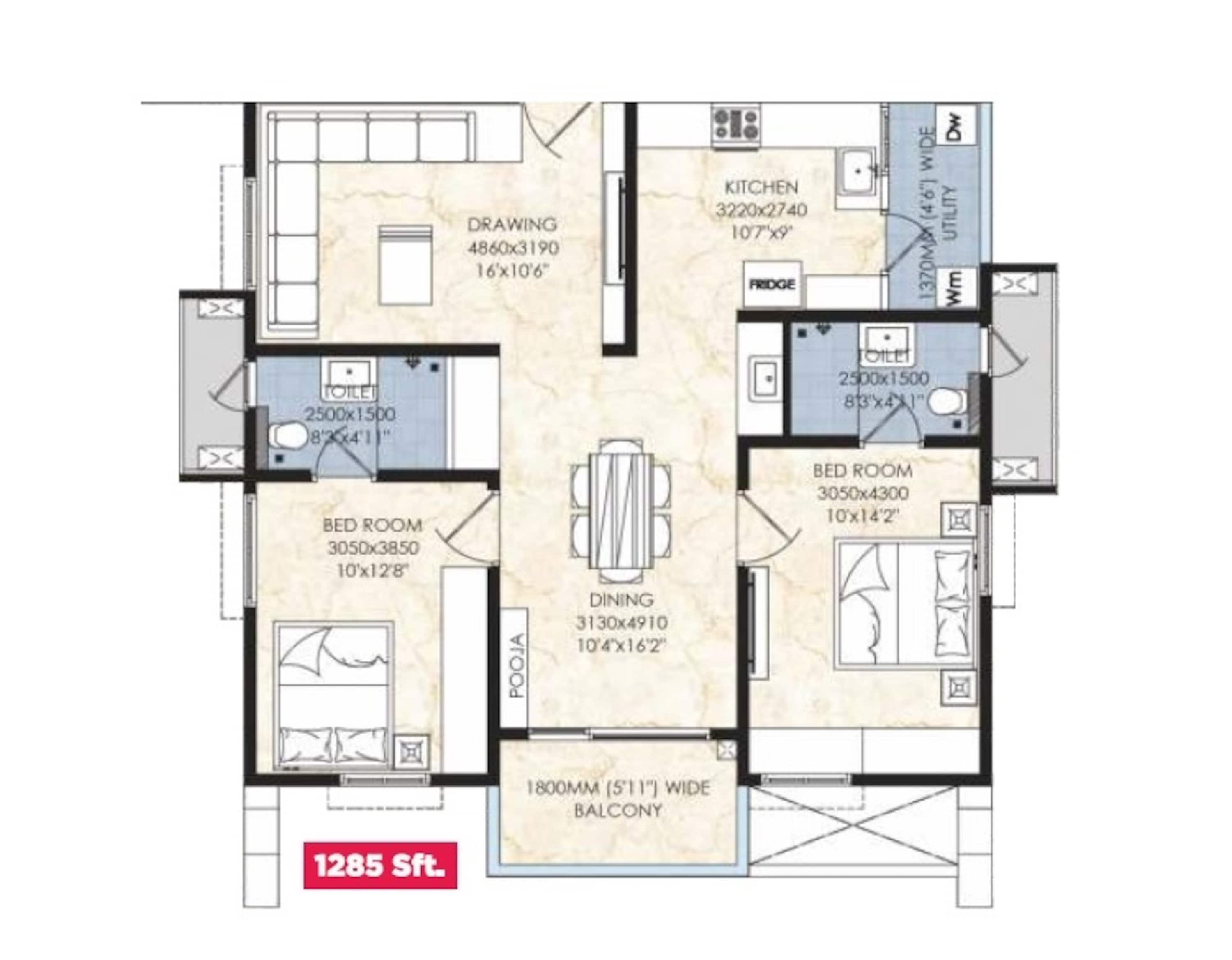 2BHK floor plan