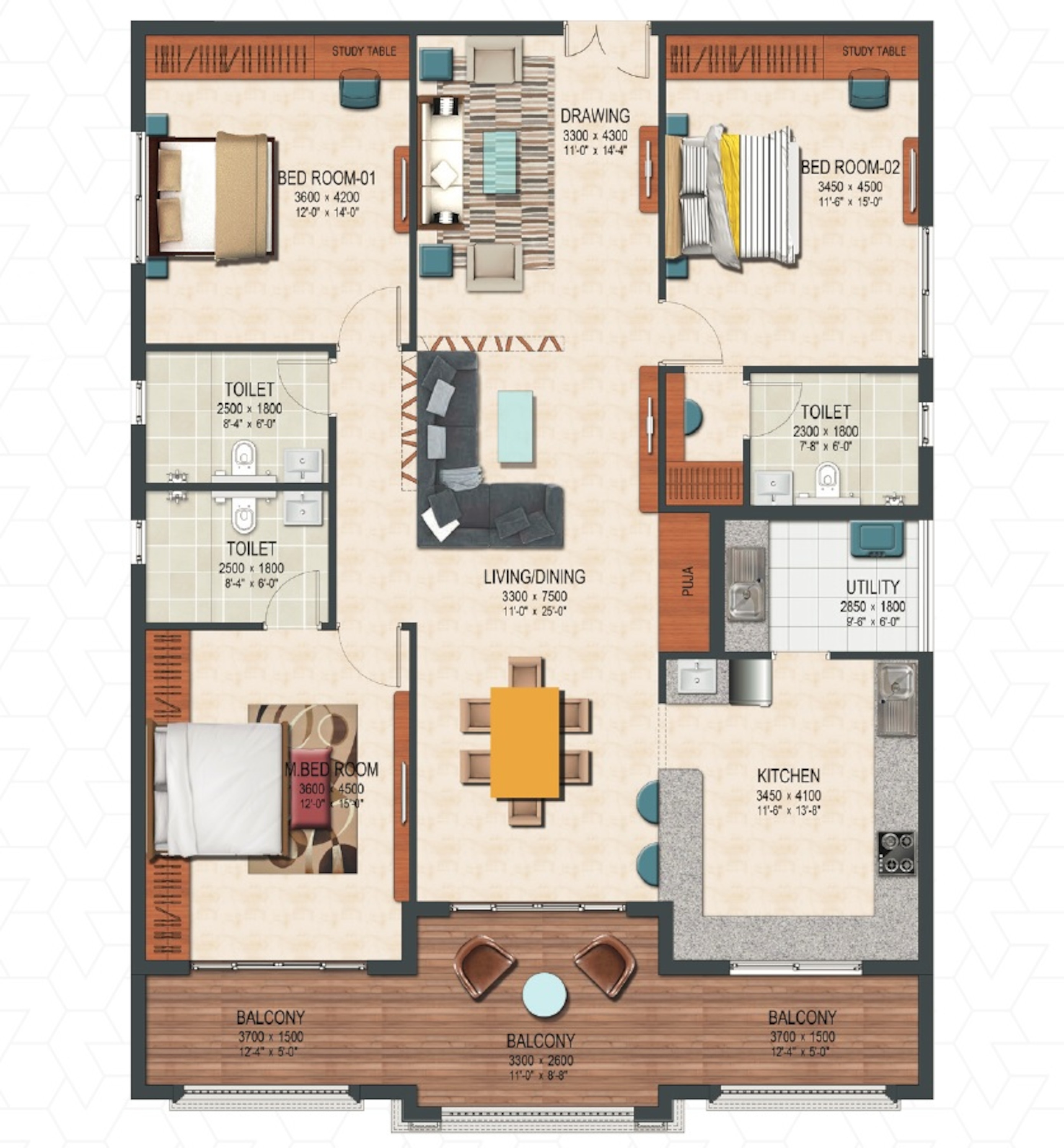 3BHK floor plan