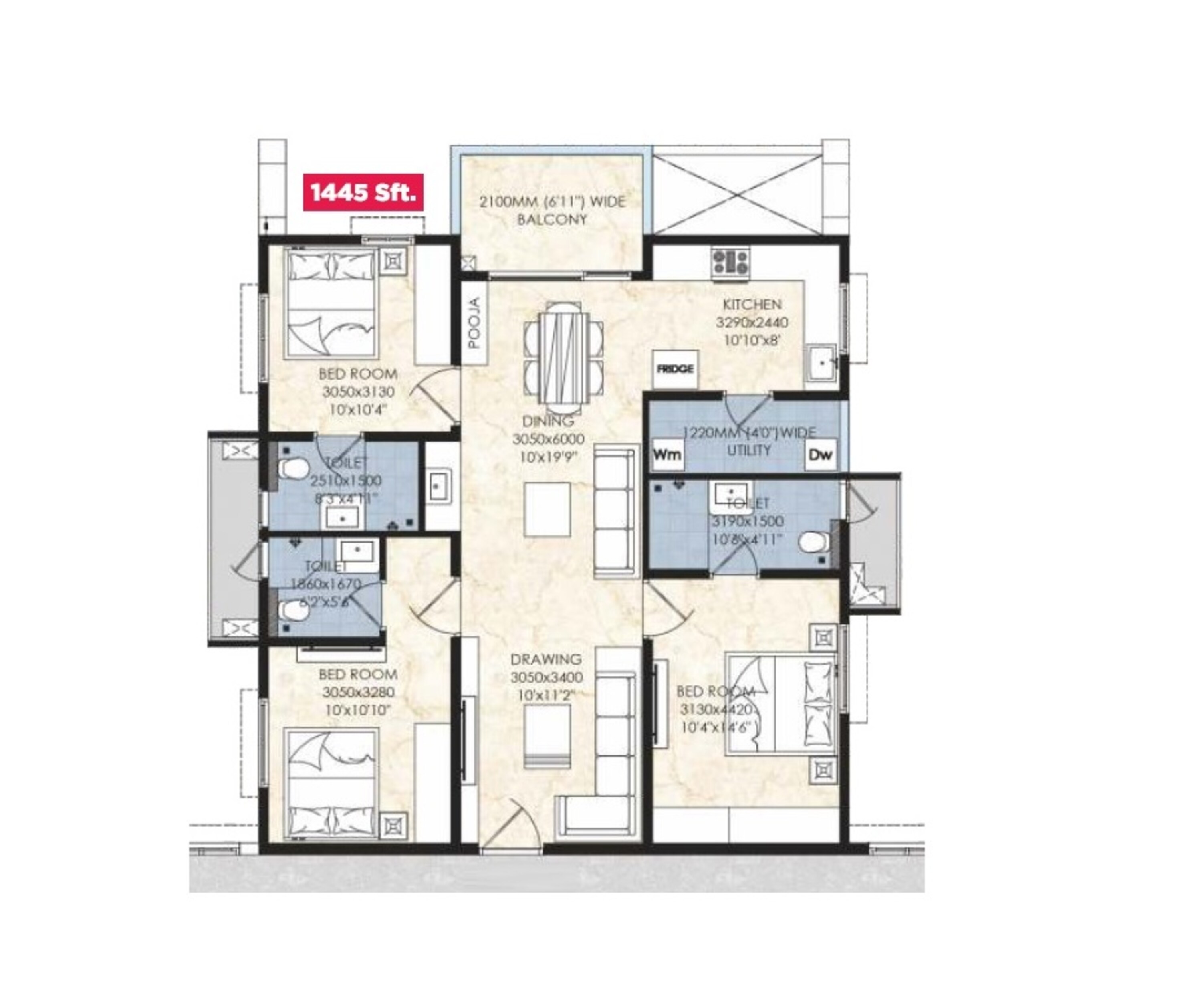 3BHK floor plan