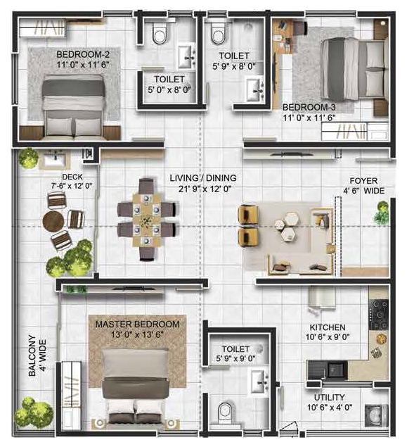 3BHK floor plan