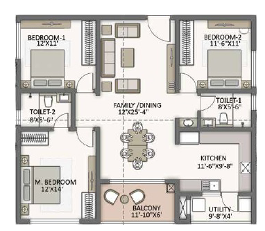 3BHK floor plan