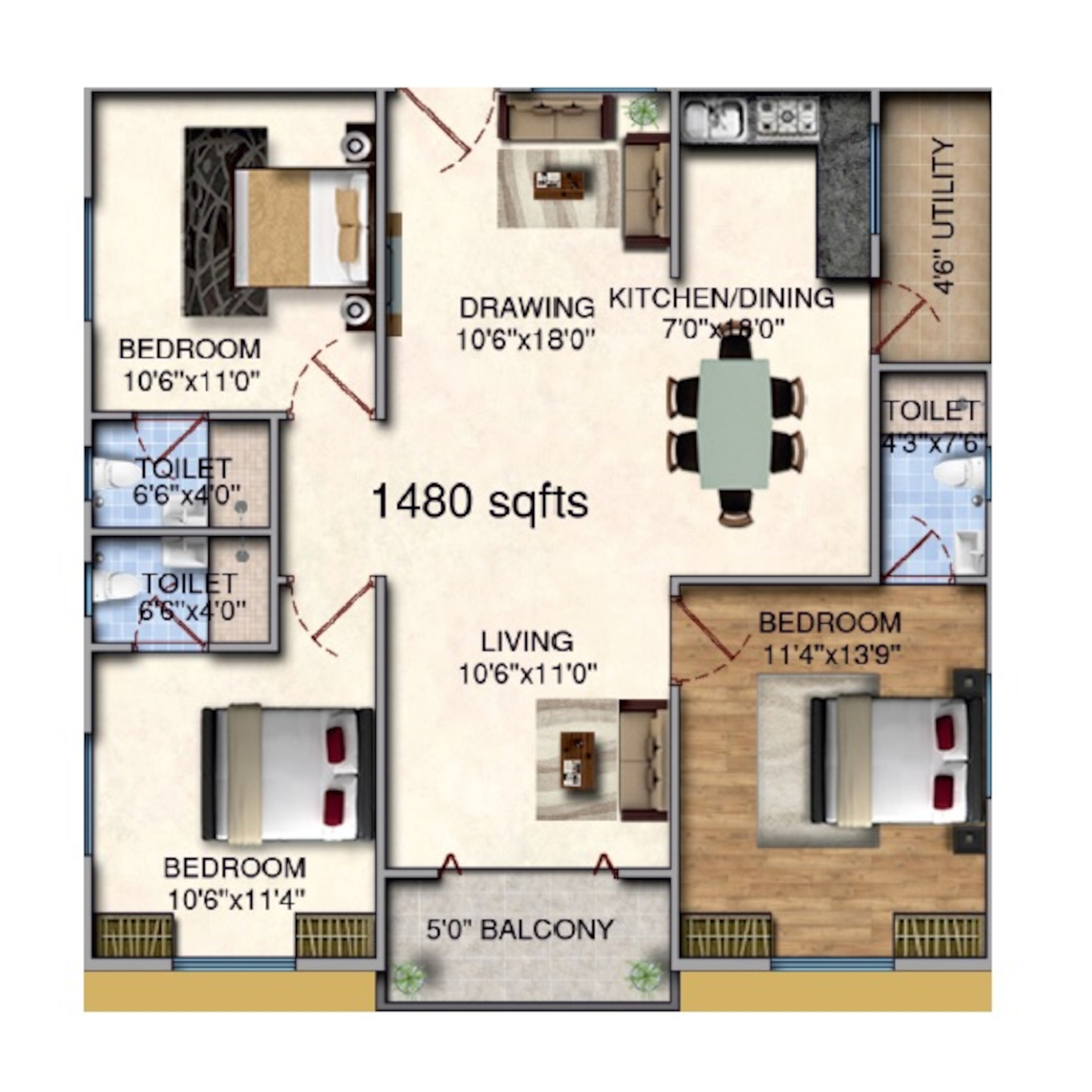 3BHK floor plan