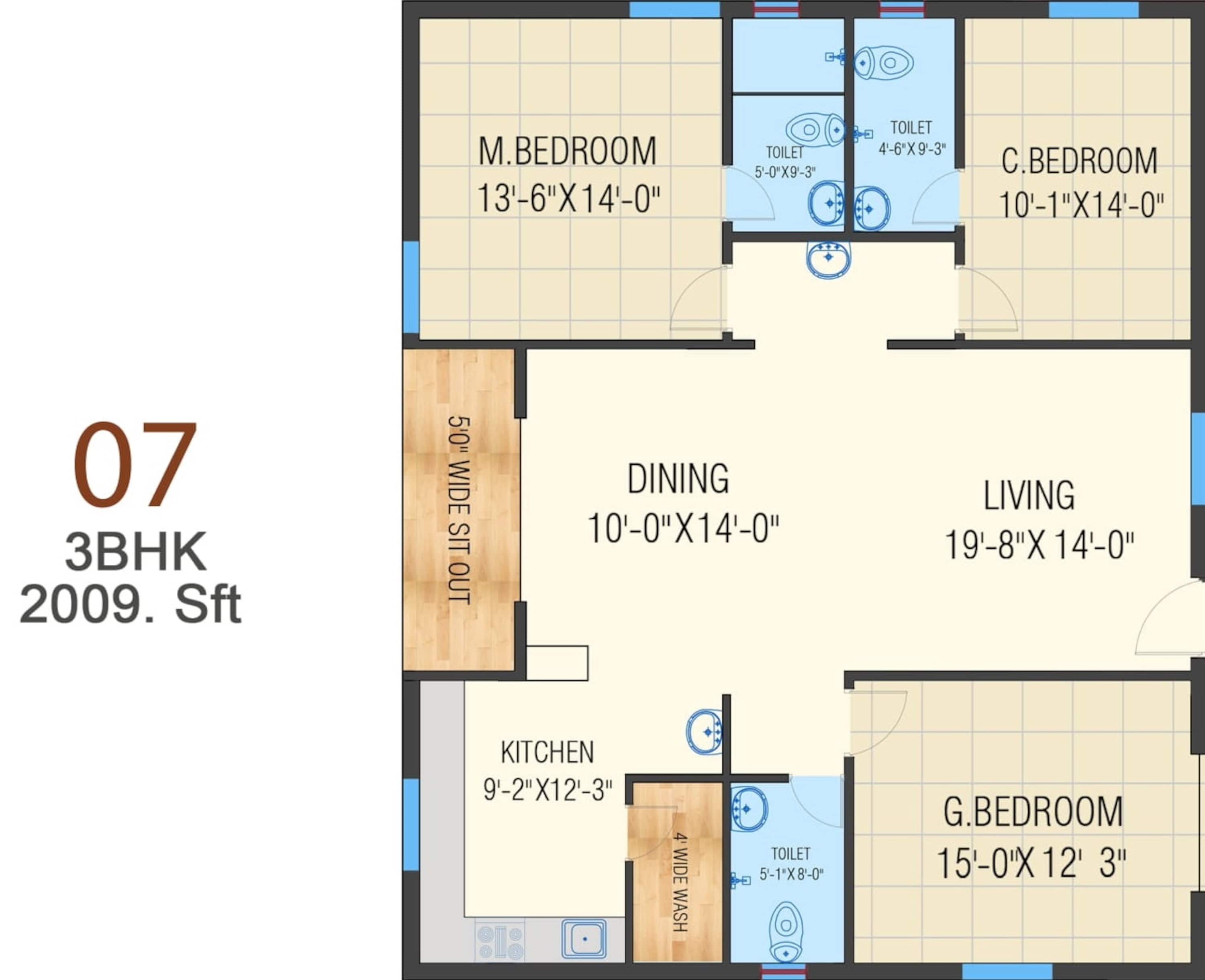 3BHK floor plan