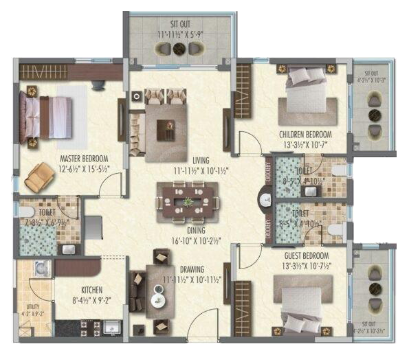 3BHK floor plan