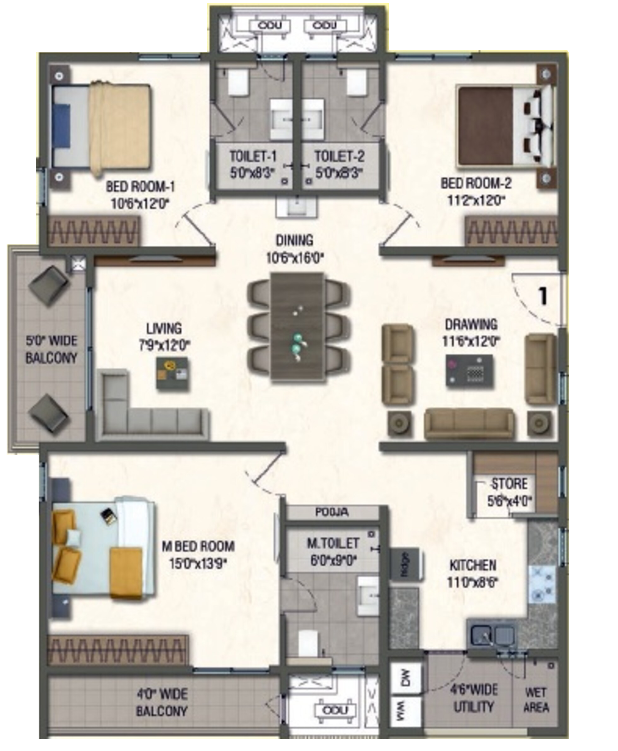 3BHK floor plan