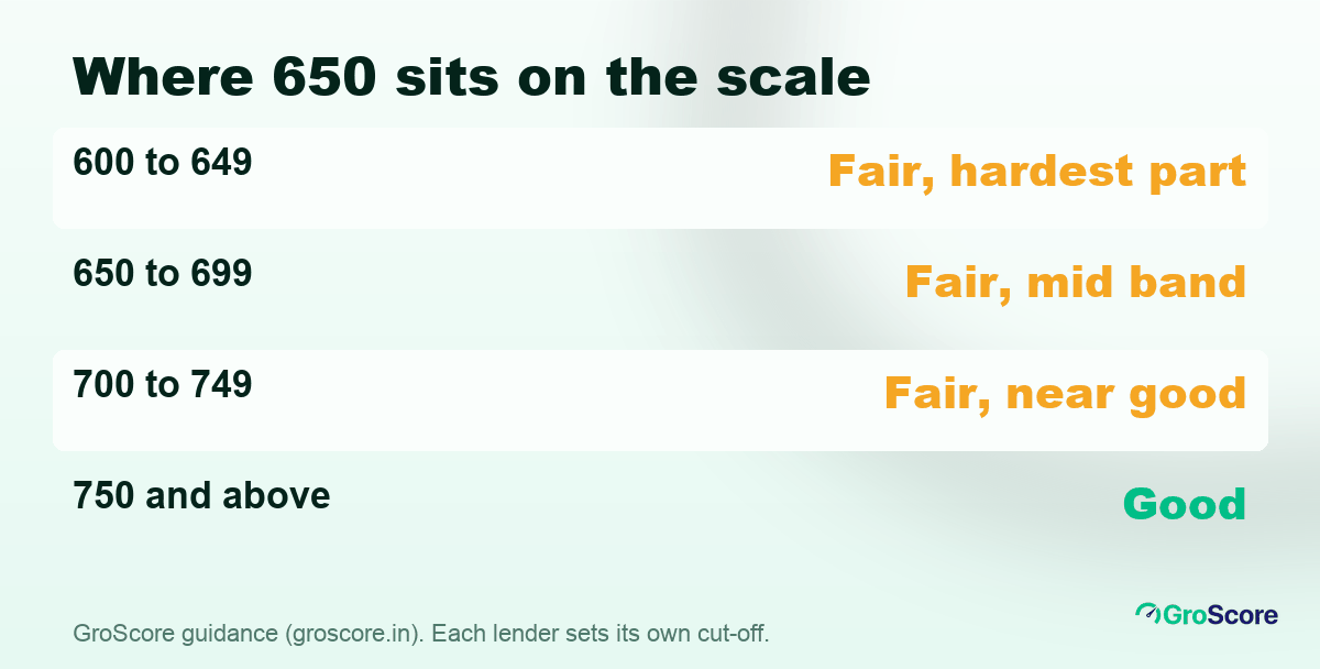 Is 650 a good credit score: 600 to 649 and 650 to 699 are both in the fair band, below the 750 good line