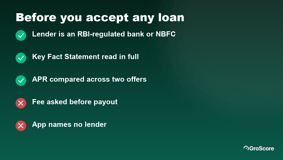 Checklist before you accept an instant bank loan, NBFC or app offer: named RBI-regulated lender, KFS read, APR compared, no upfront fee