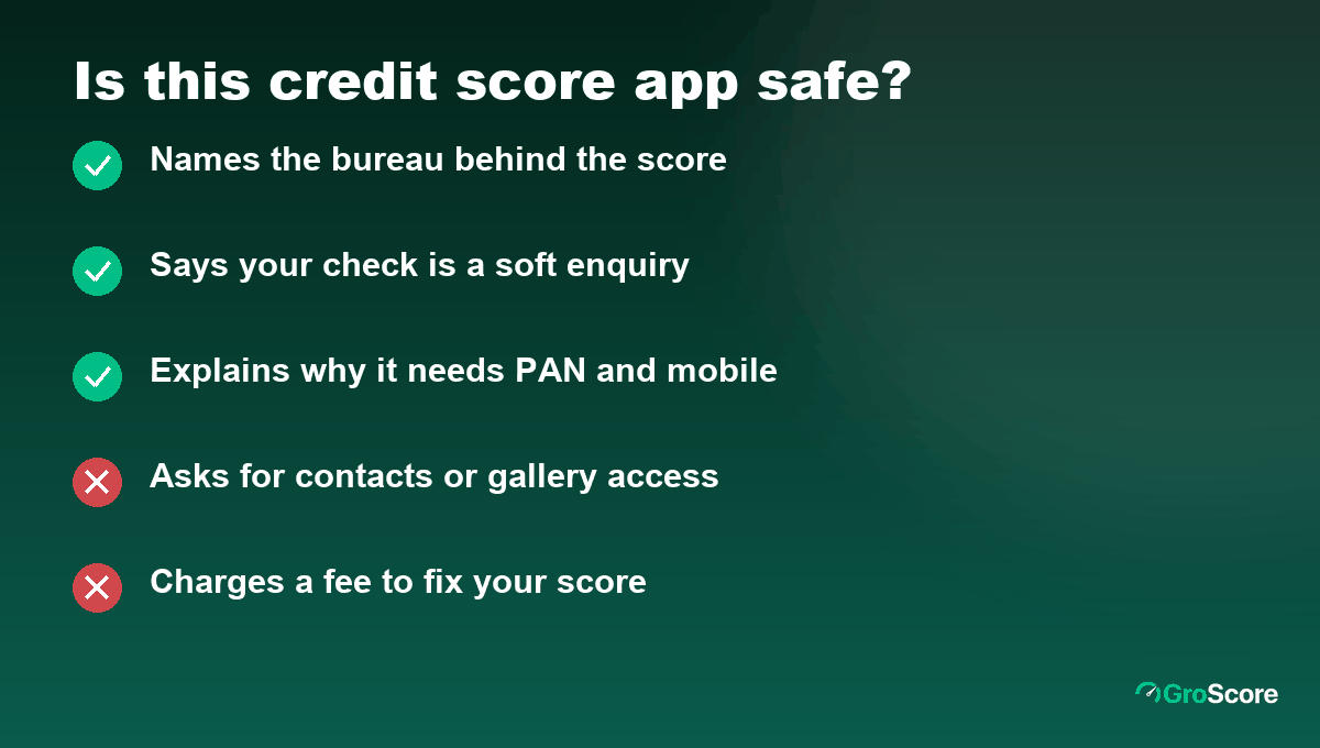 Checklist for a safe credit score app: names its bureau, soft check, clear privacy policy; red flags are fees to fix your score and needless phone permissions