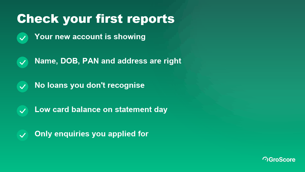 Checklist a credit coach runs on a new credit report: account showing, details correct, no unknown loans, low utilisation, only your own enquiries