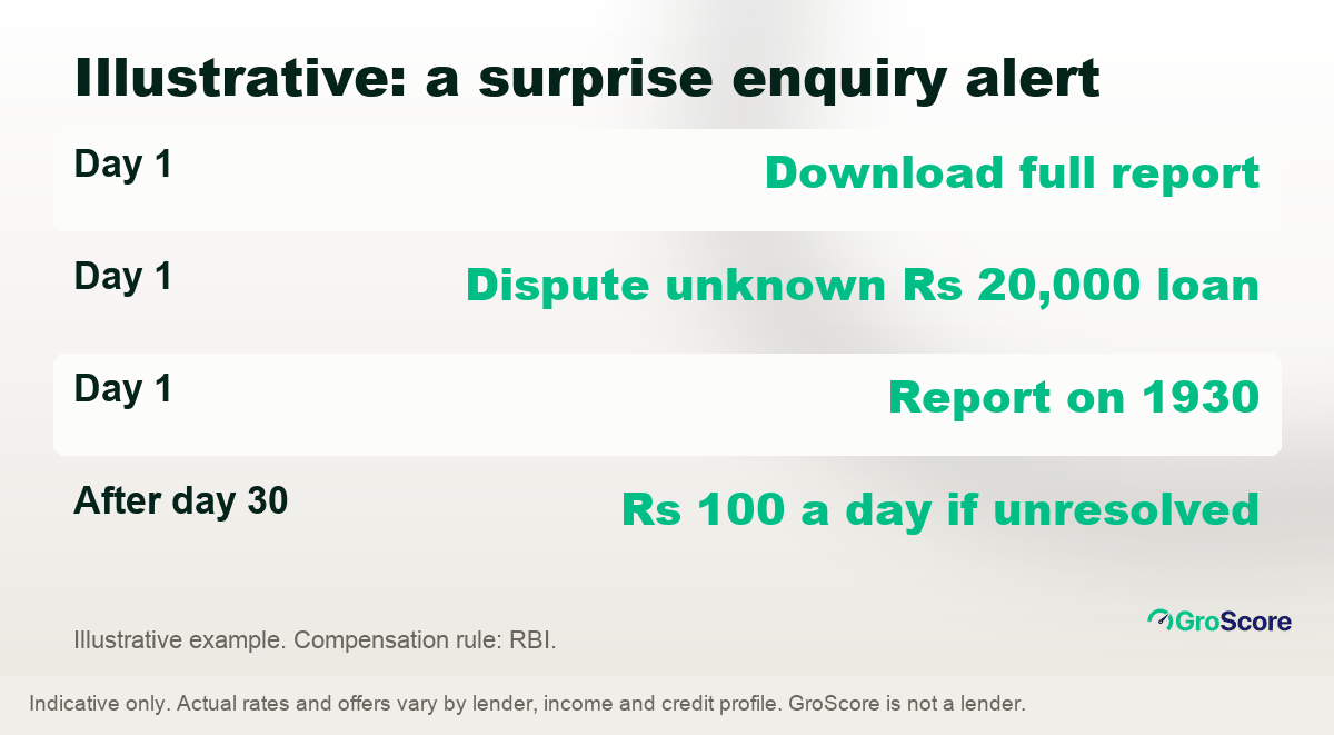 Illustrative PAN misuse plan: download the report, dispute the unknown Rs 20,000 loan, report the fraud on 1930, and claim Rs 100 a day if the complaint runs past 30 days