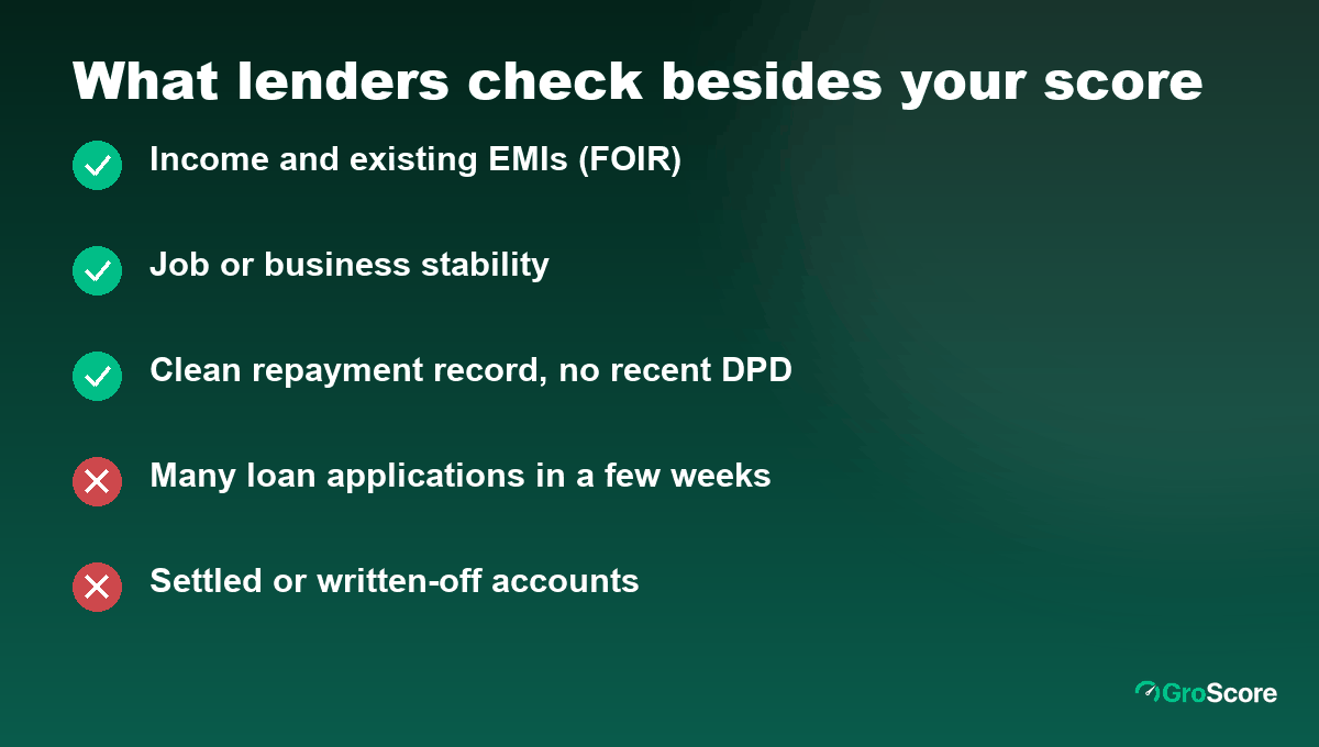 Checklist of what lenders check besides your CIBIL score: income, FOIR, job stability, recent enquiries, existing defaults