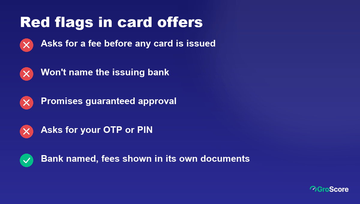 Red flags in low CIBIL score credit card offers: upfront fees, no named bank, approval promises, requests for OTP