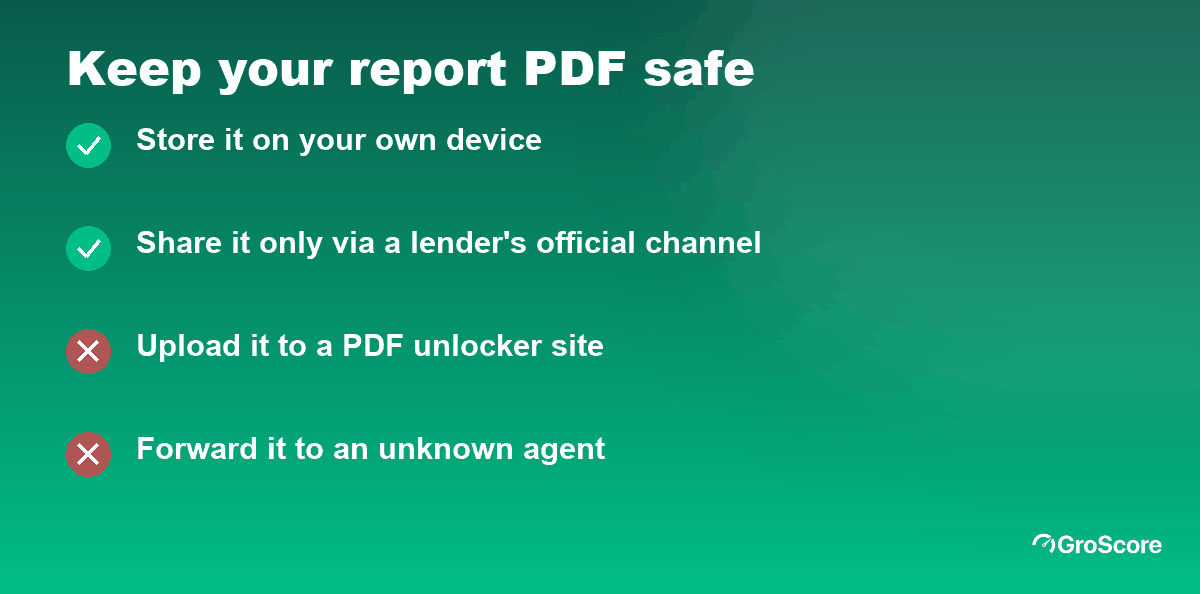 Checklist for your credit report PDF: keep it on your own device, share it only through a lender's official channel; never upload it to PDF unlocker sites or send it to unknown agents