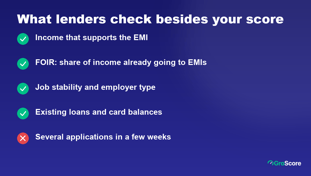 Checklist of what lenders check besides a good CIBIL score: income, FOIR, job stability, existing EMIs and recent applications