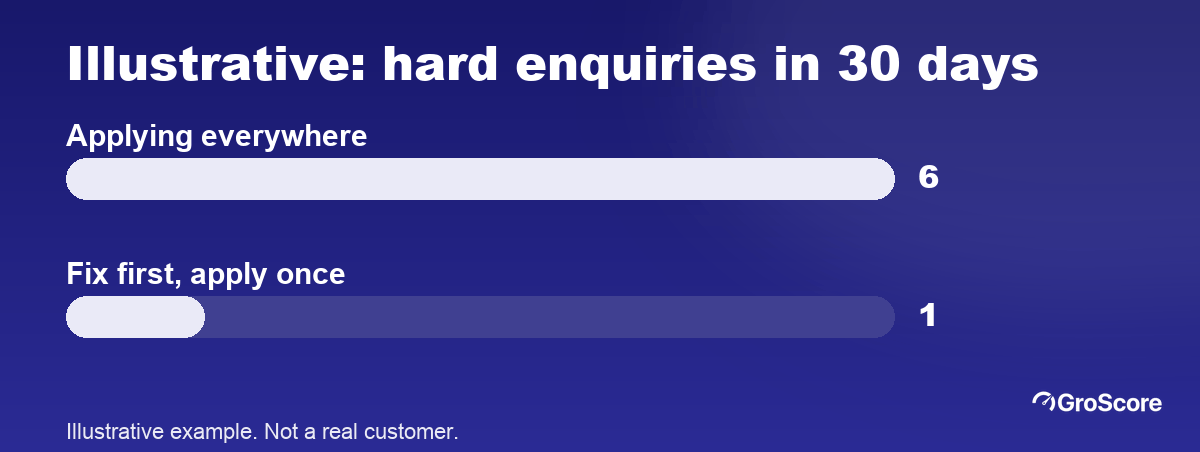Illustrative example: six hard enquiries in 30 days after applying everywhere, versus one enquiry after fixing the report first