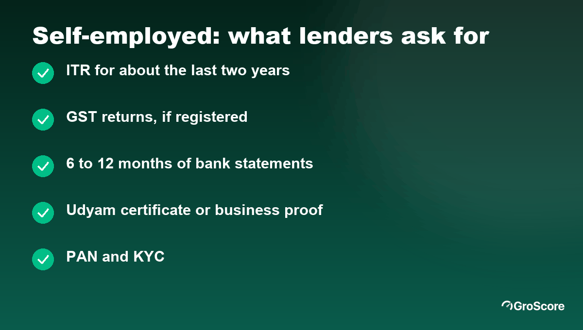Documents for an instant personal loan for self employed applicants: ITR for about two years, GST returns, 6 to 12 months of bank statements, Udyam or business proof, PAN and KYC