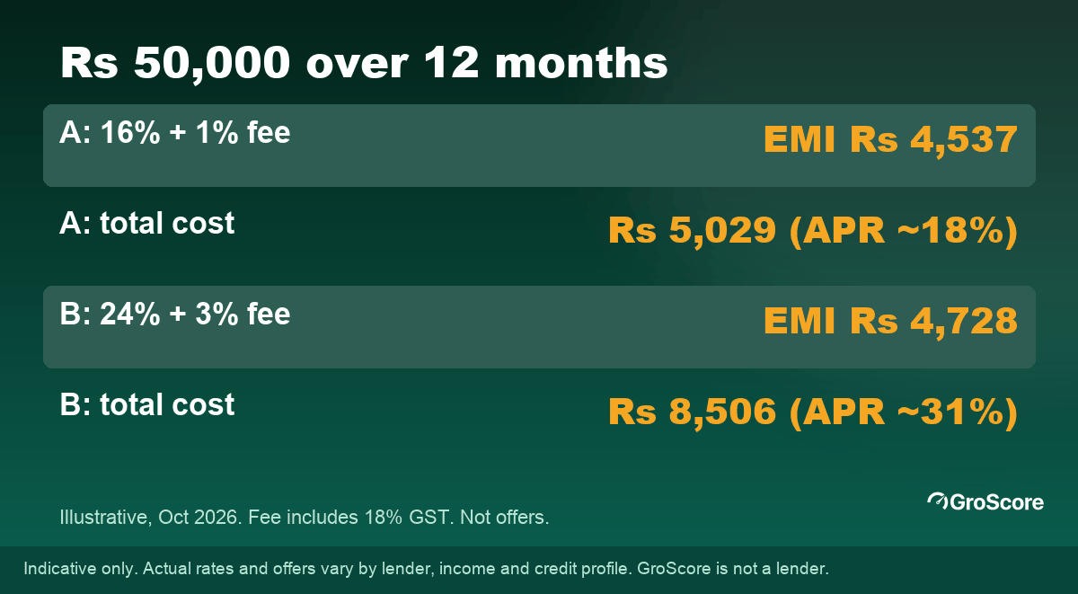 Illustrative instant loan cost: Rs 50,000 over 12 months costs Rs 5,029 at 16% plus a 1% fee and Rs 8,506 at 24% plus a 3% fee