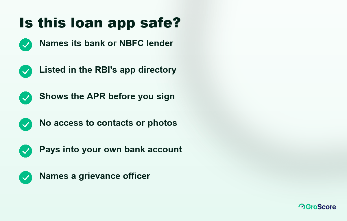Six checks for a safe low CIBIL score loan app: named lender, RBI directory, APR shown, no contacts access, money into your account, grievance officer