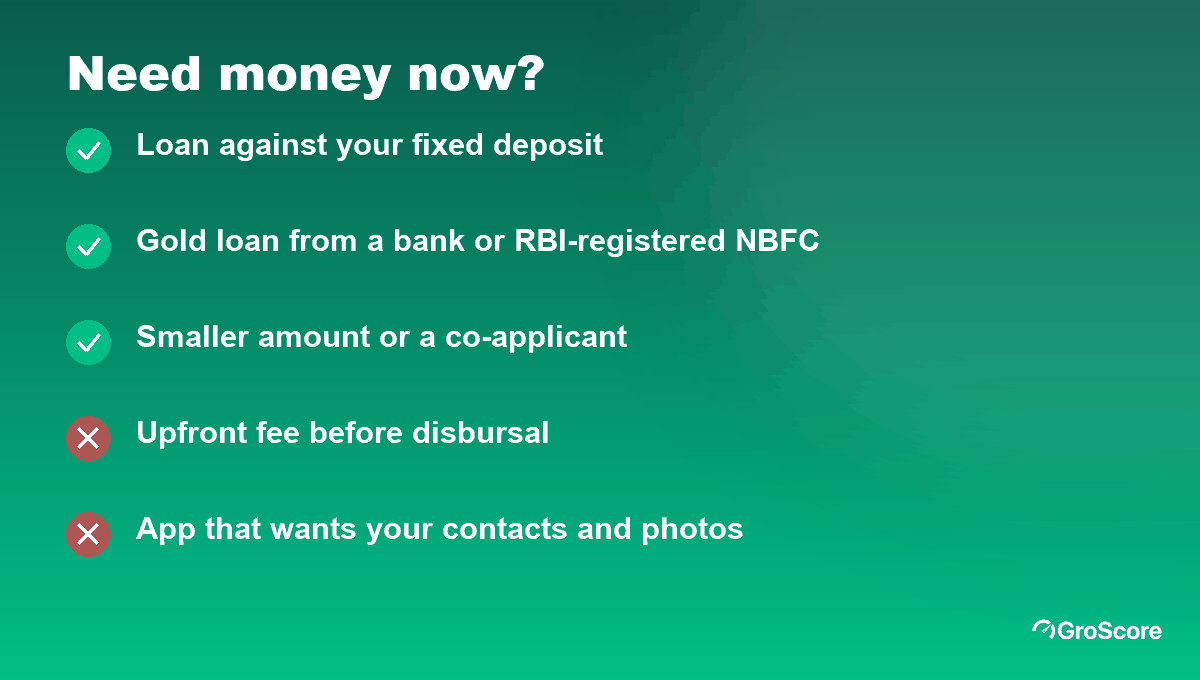 Checklist for a low CIBIL score: safer secured options versus red flags such as upfront fees and apps that want your contacts