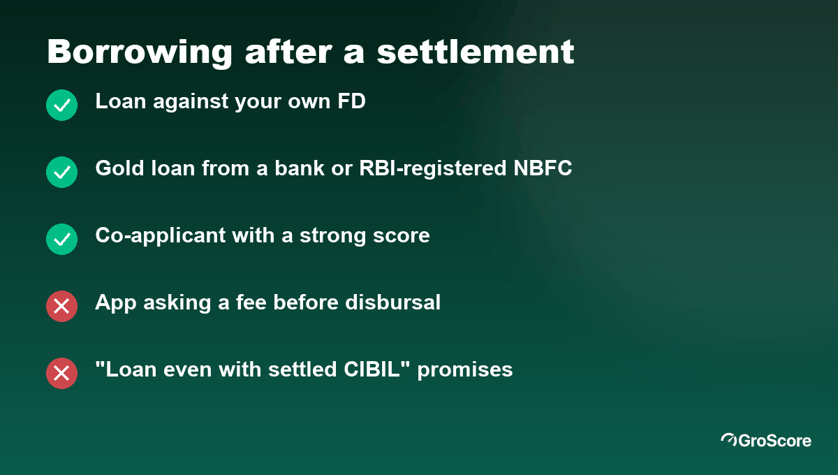 Safer borrowing after a settlement: loan against FD, gold loan from a regulated lender, co-applicant; avoid upfront-fee apps