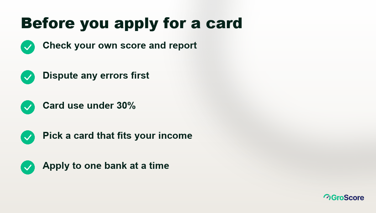 Checklist before applying for a credit card: check your own score, fix errors, card use under 30%, pick a card that fits your income, apply to one bank