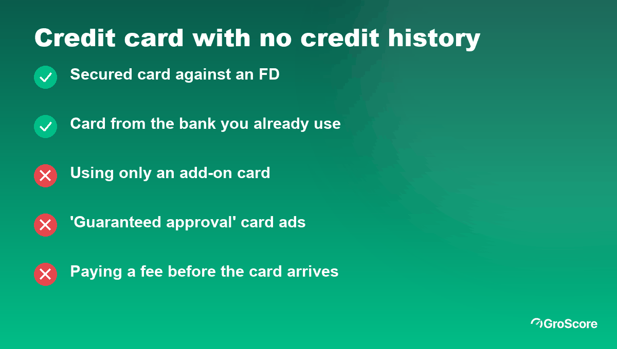 Checklist of credit card options for someone with no credit history: secured FD card, card from your own bank, add-on card does not build your history