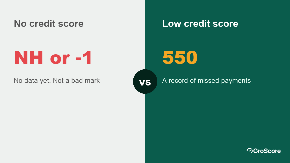 No credit score vs low credit score: NH means no data yet, a 550 score means a record of missed payments