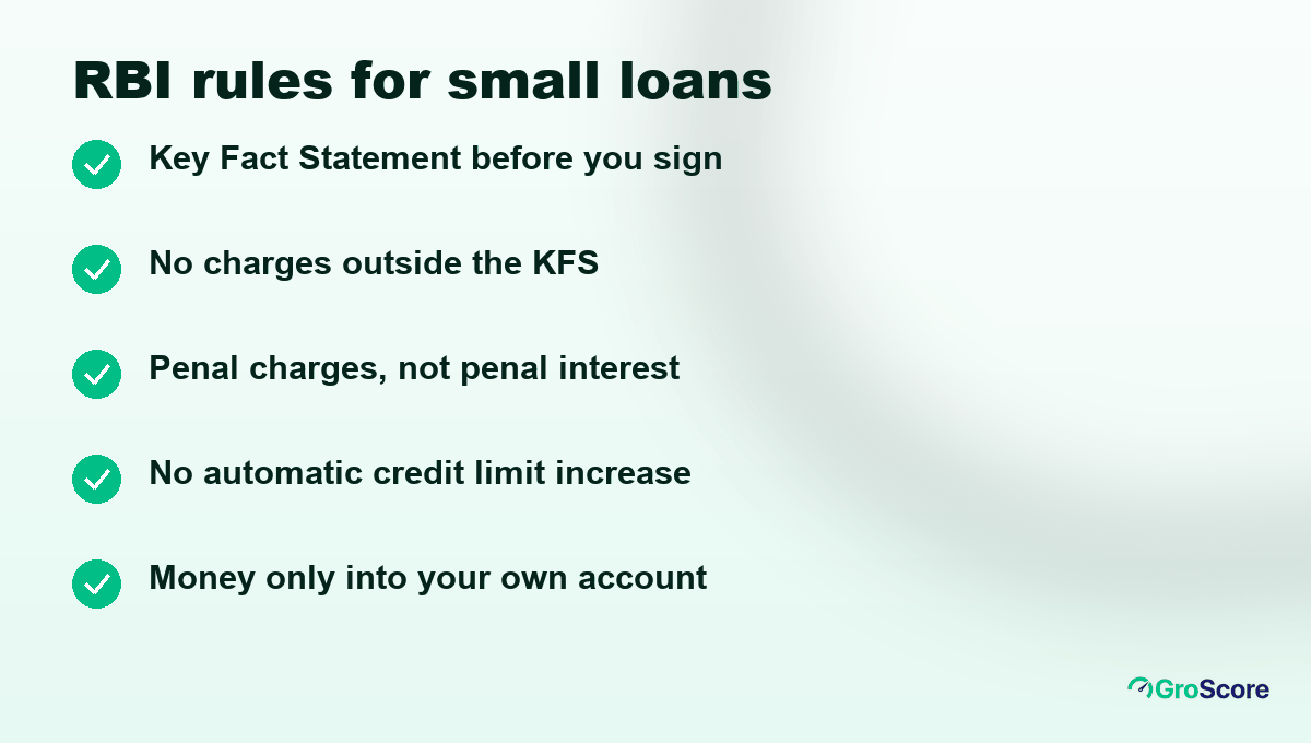 Five RBI rules for small instant loans: KFS before signing, no charges outside the KFS, penal charges not penal interest, no automatic limit increase, money only into your account