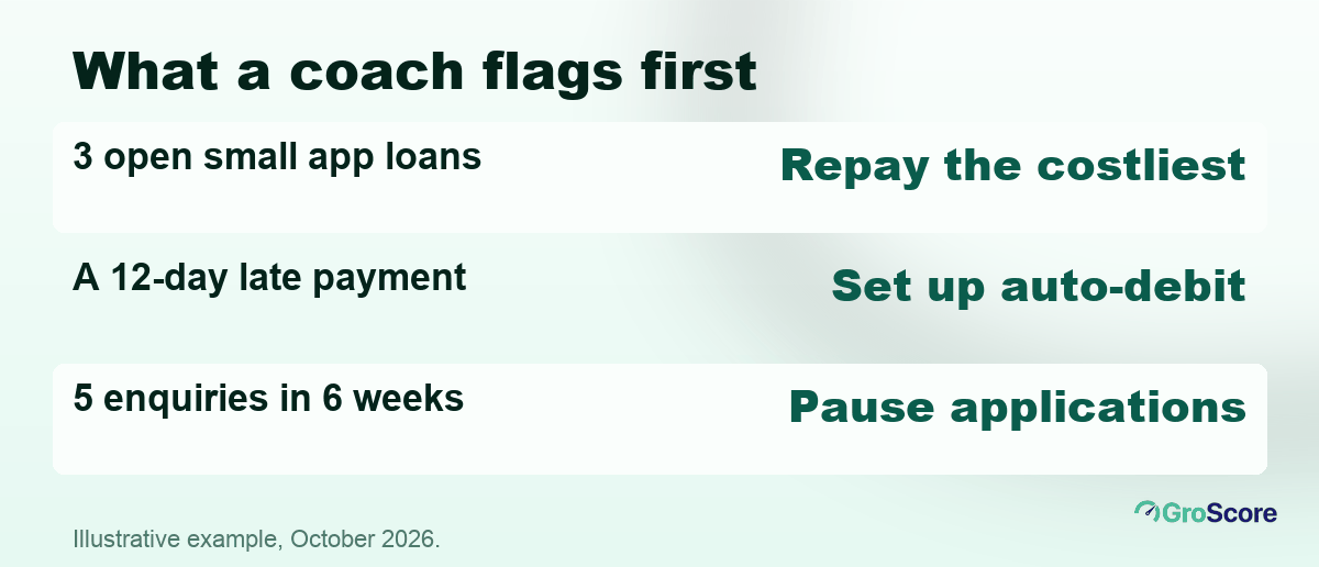 Illustrative coach flags before a small loan: three open app loans, a 12-day late payment, five enquiries in six weeks, and the fix for each