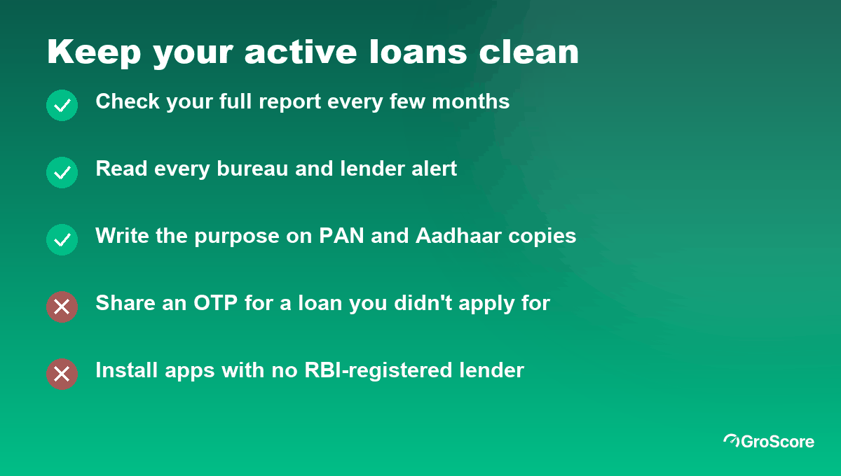 Checklist to keep your active loans clean: check your report, read bureau alerts, mark document copies, never share an OTP, verify lending apps
